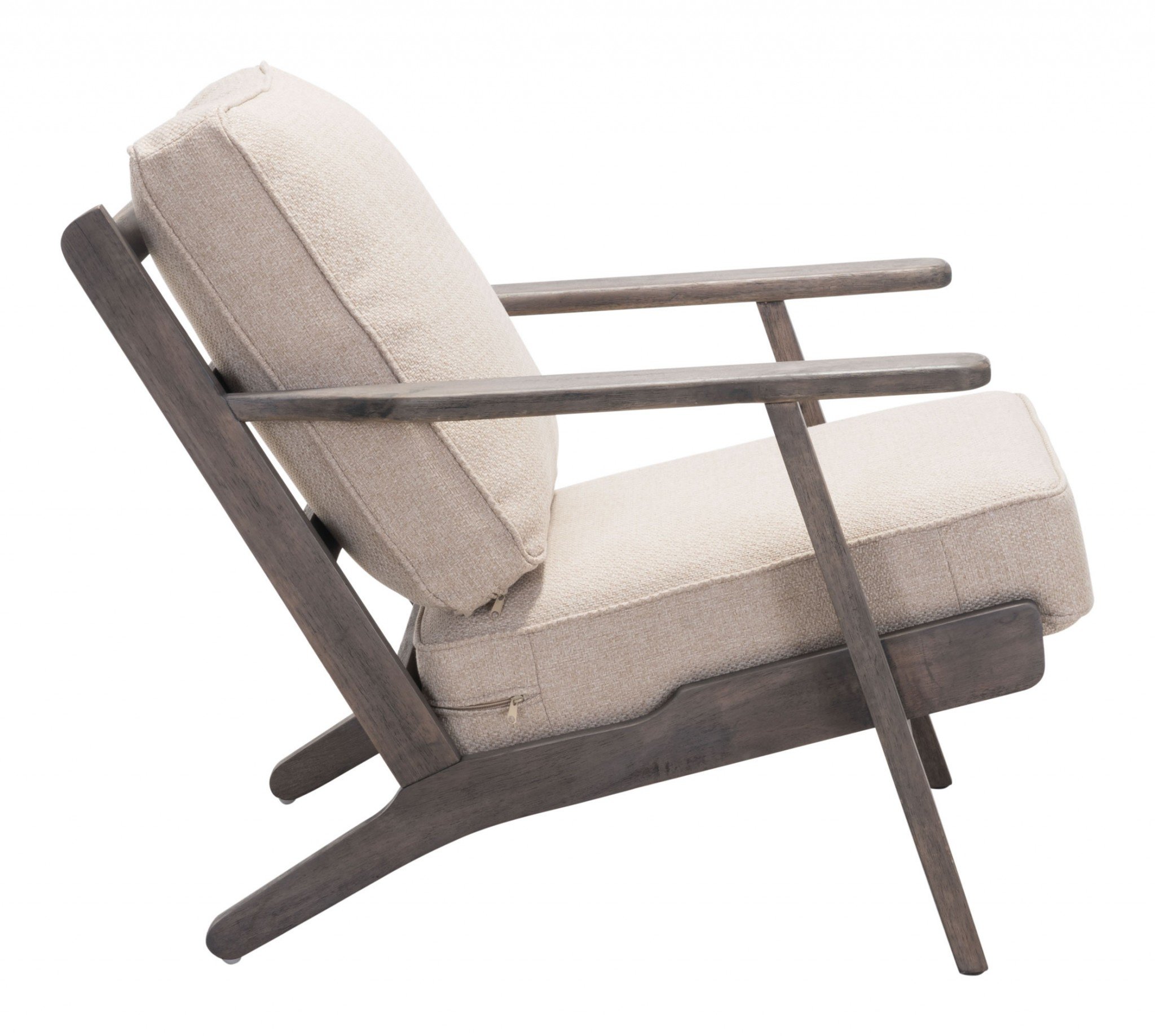 A stylish lounge chair featuring a beige and dark brown color scheme, designed for comfort with soft cushions and a sturdy rubber wood frame.