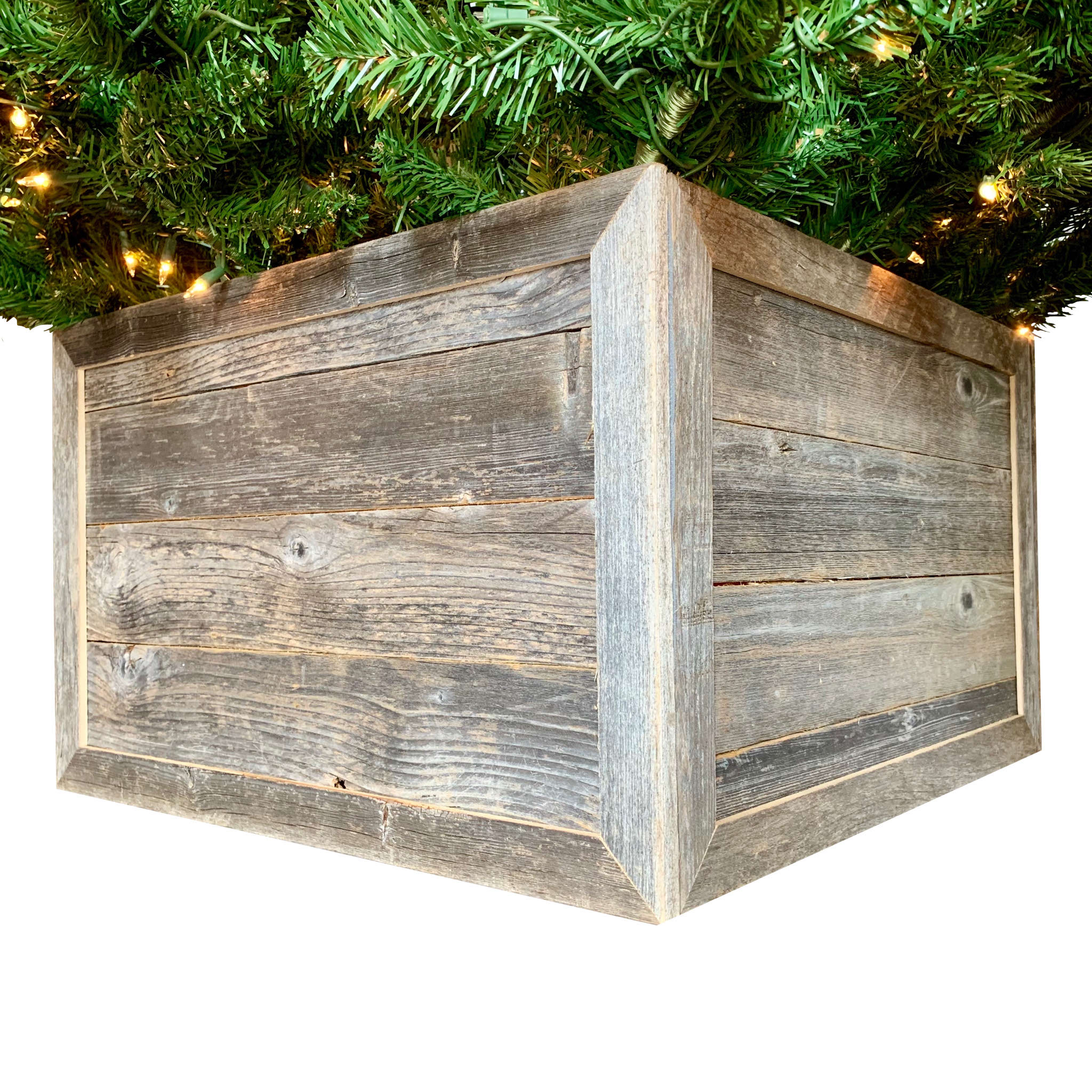 28-inch Natural Weathered Gray Plank Christmas Tree Collar made from reclaimed wood, featuring a rustic and modern farmhouse design.