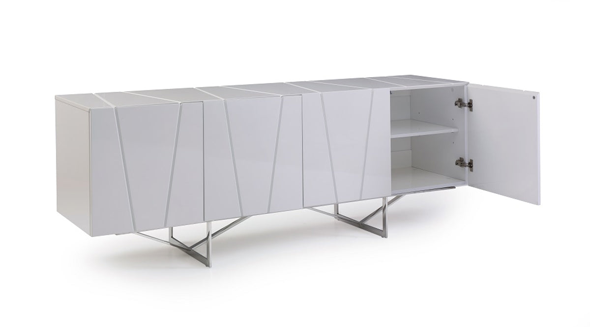 28 inches white high gloss buffet with three drawers and two doors, showcasing a sleek contemporary design.