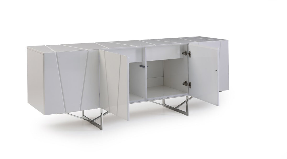 28 inches white high gloss buffet with three drawers and two doors, showcasing a sleek contemporary design.