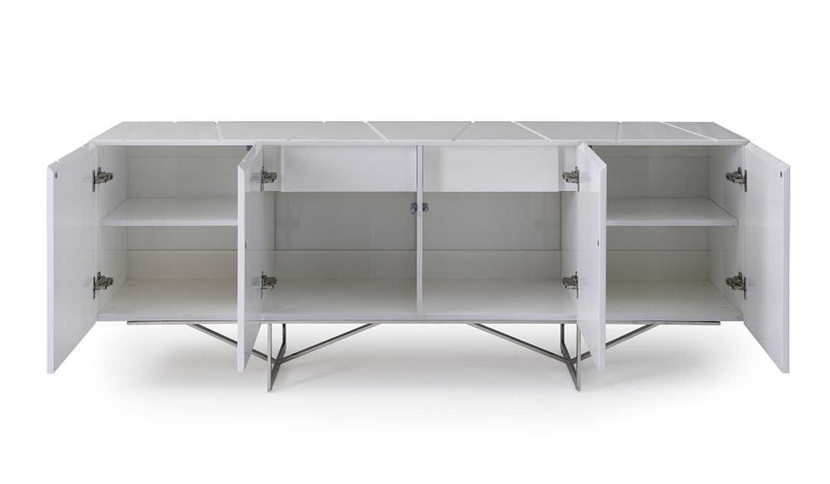 28 inches white high gloss buffet with three drawers and two doors, showcasing a sleek contemporary design.