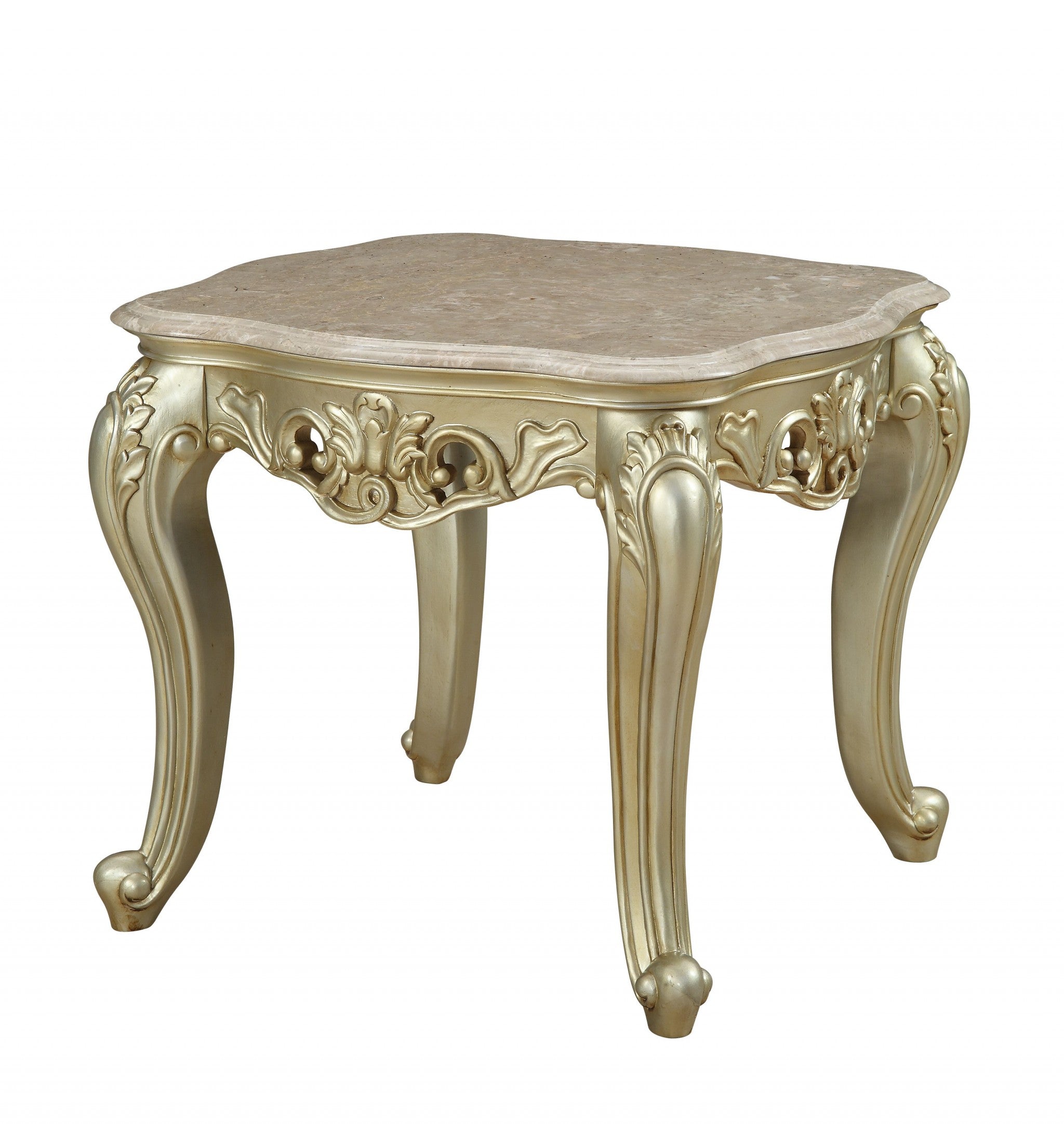 Elegant 28x28x24 inches marble antique white wood polyresin end table with scalloped top and intricate floral carvings.