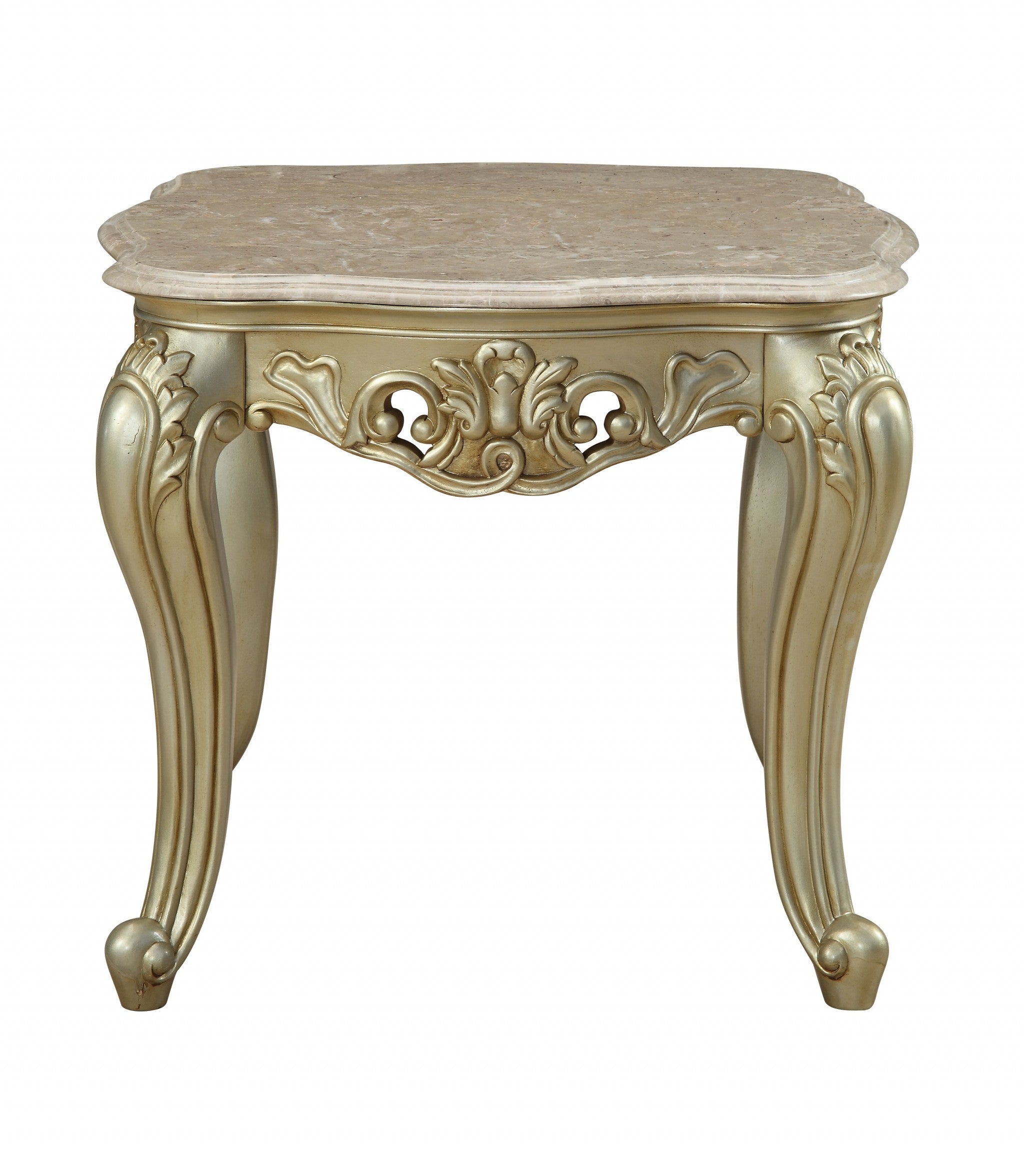Elegant 28x28x24 inches marble antique white wood polyresin end table with scalloped top and intricate floral carvings.