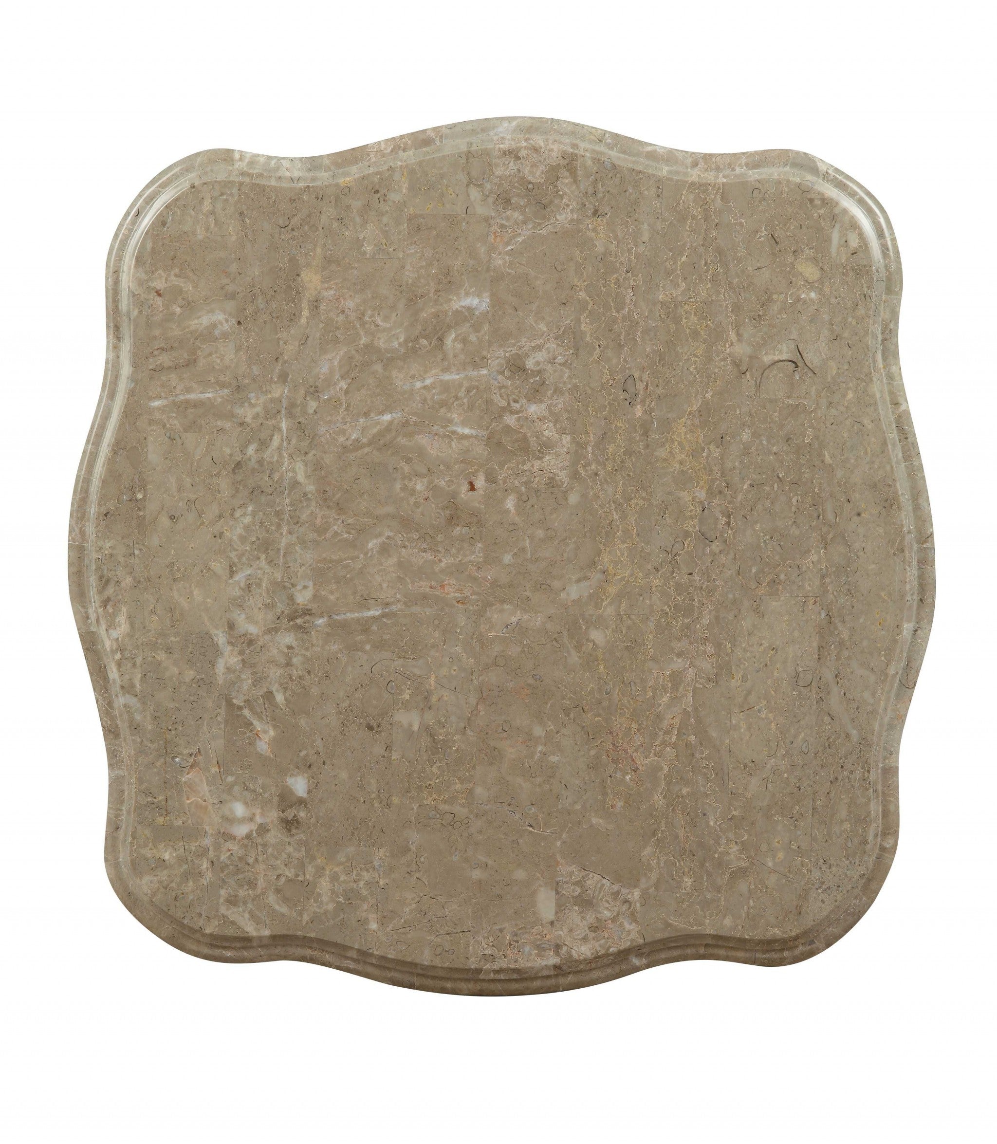 Elegant 28x28x24 inches marble antique white wood polyresin end table with scalloped top and intricate floral carvings.