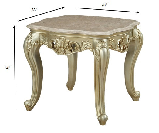 Elegant 28x28x24 inches marble antique white wood polyresin end table with scalloped top and intricate floral carvings.