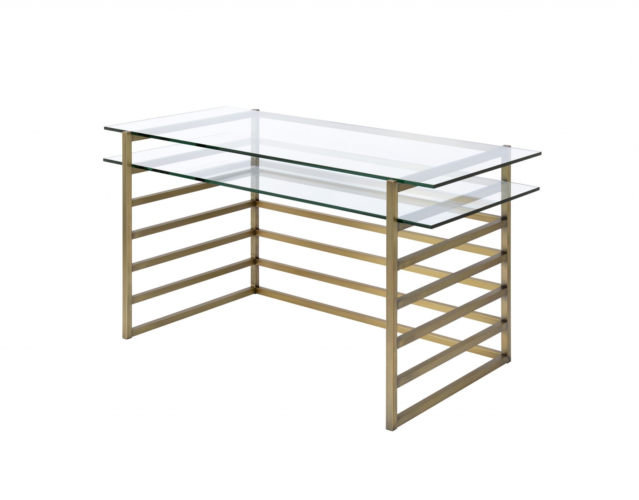 Antique Gold Clear Glass Metal Desk featuring a spacious glass top and elegant gold metal base, perfect for modern home offices.