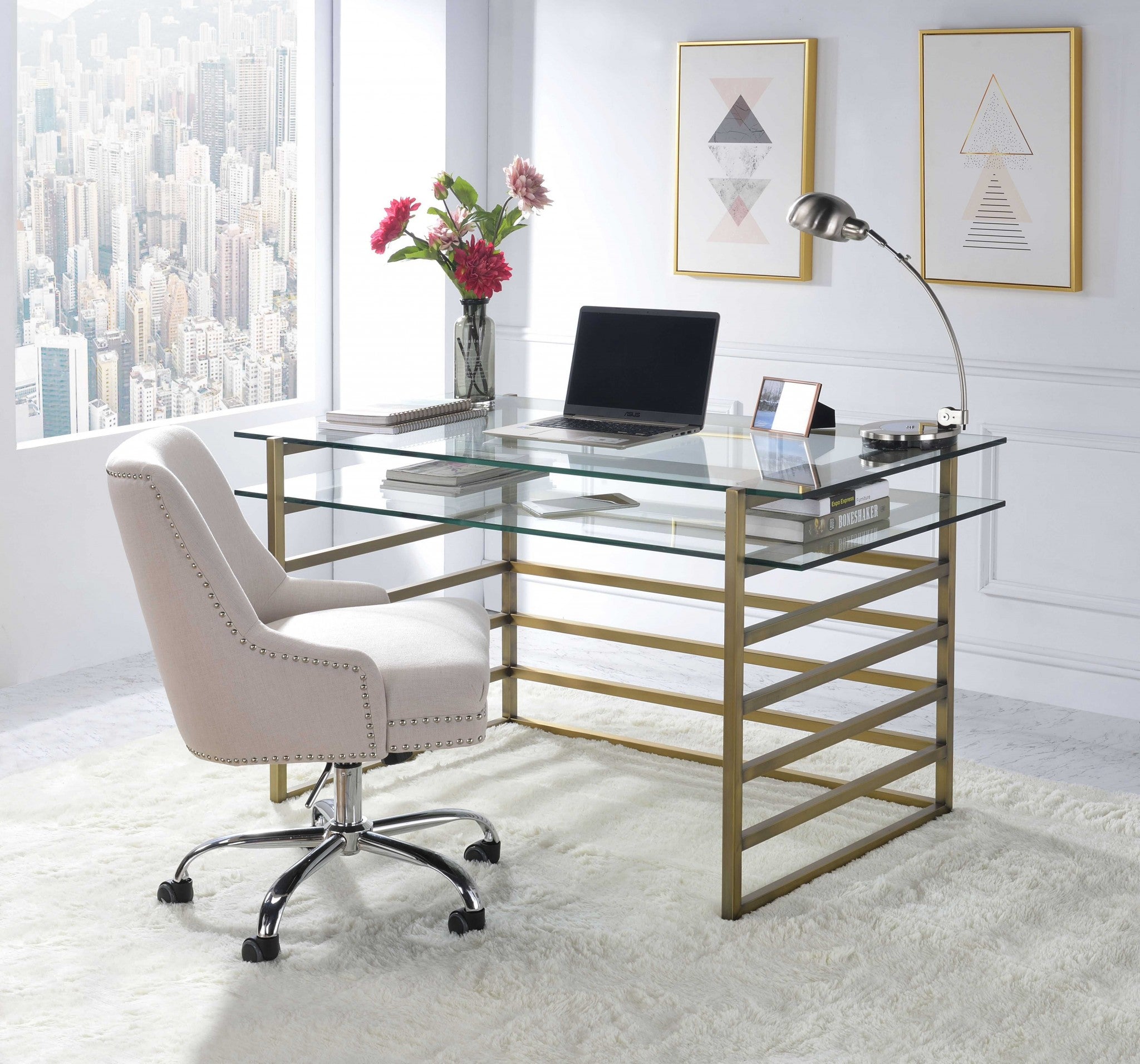 Antique Gold Clear Glass Metal Desk featuring a spacious glass top and elegant gold metal base, perfect for modern home offices.