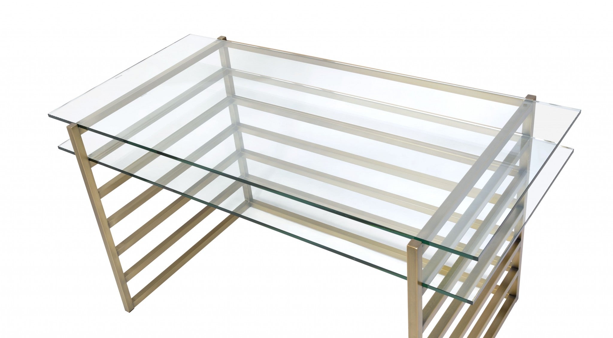 Antique Gold Clear Glass Metal Desk featuring a spacious glass top and elegant gold metal base, perfect for modern home offices.