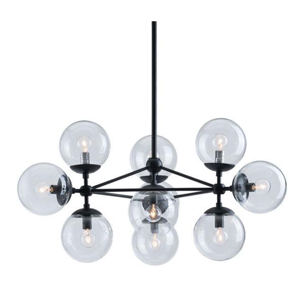 A stylish black glass metal ceiling lamp featuring 10 bronze blown glass orb shades, designed for modern interiors.