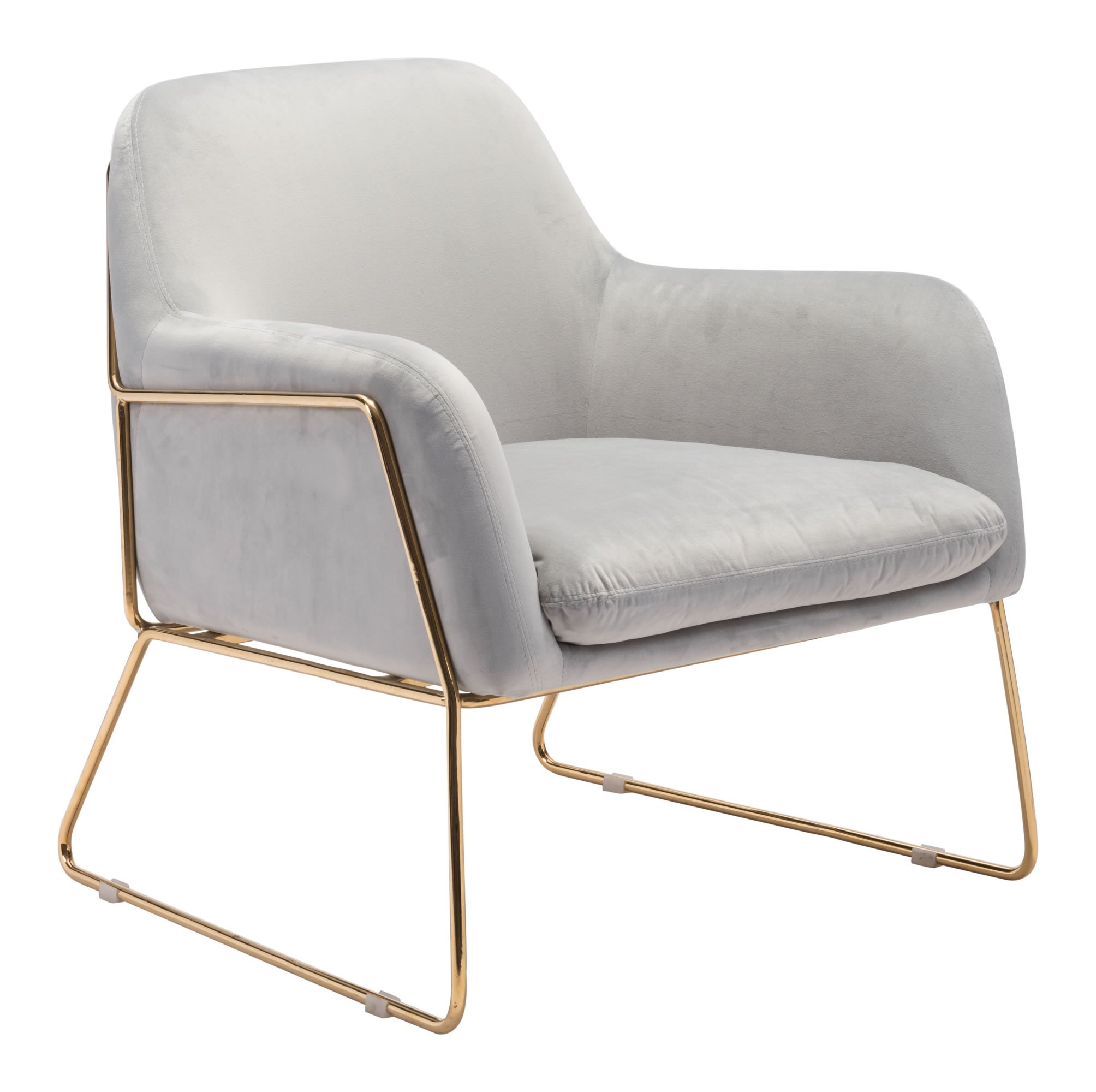 Luxurious gray velvet arm chair with flared arms and chromed steel frame, perfect for modern living spaces.