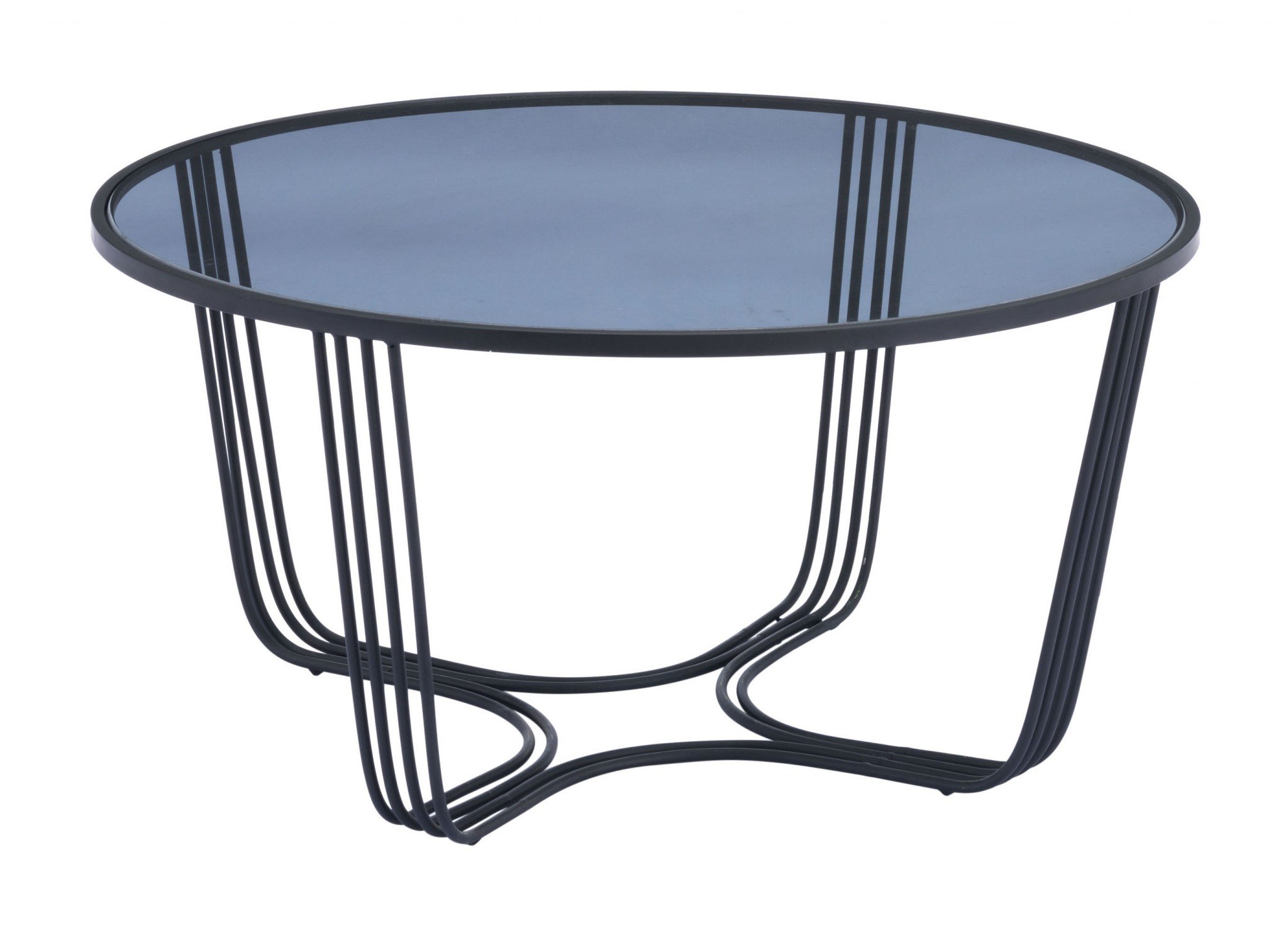 Modern black glass coffee table with a curved steel base, perfect for living room decor.
