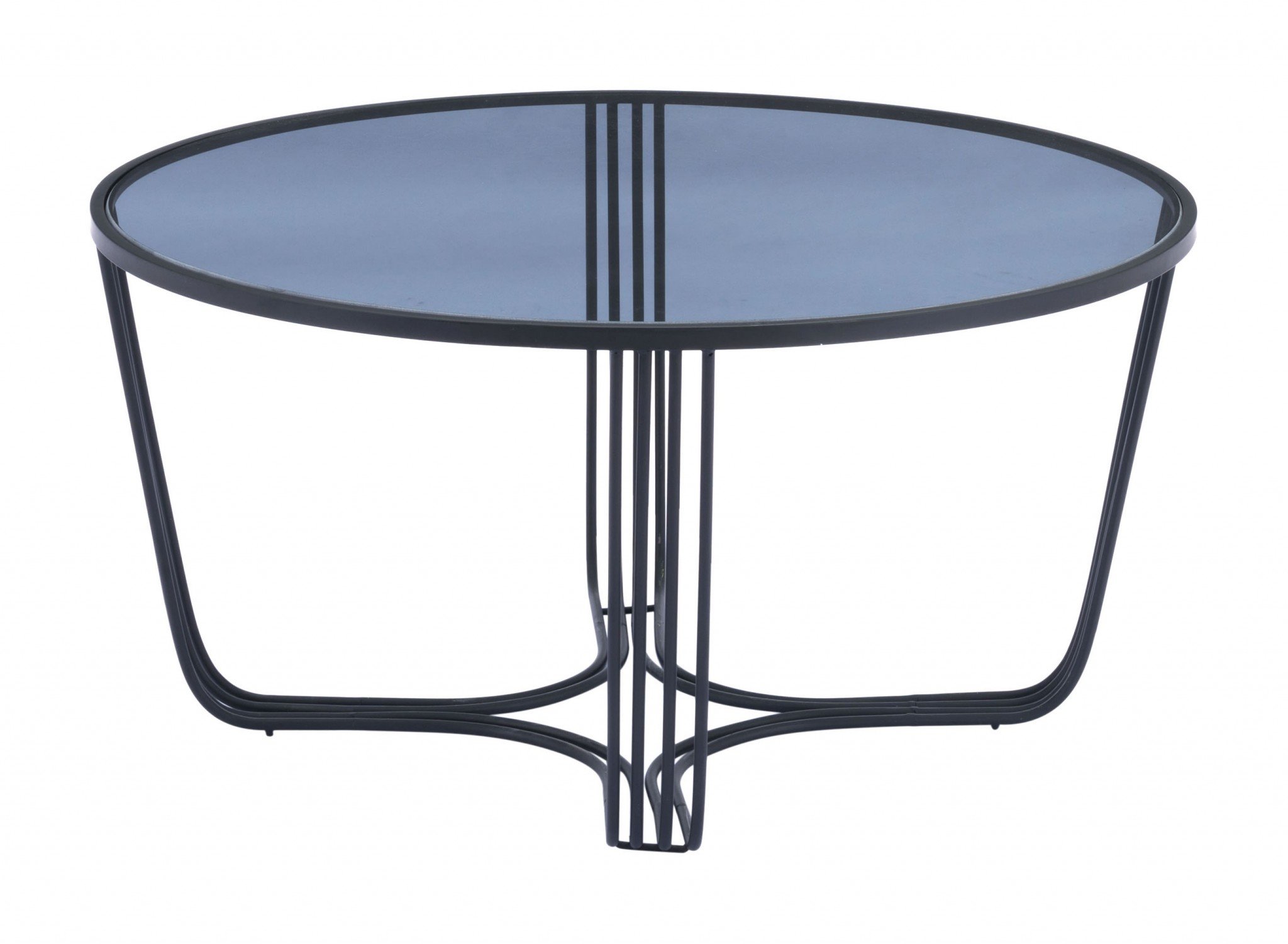 Modern black glass coffee table with a curved steel base, perfect for living room decor.