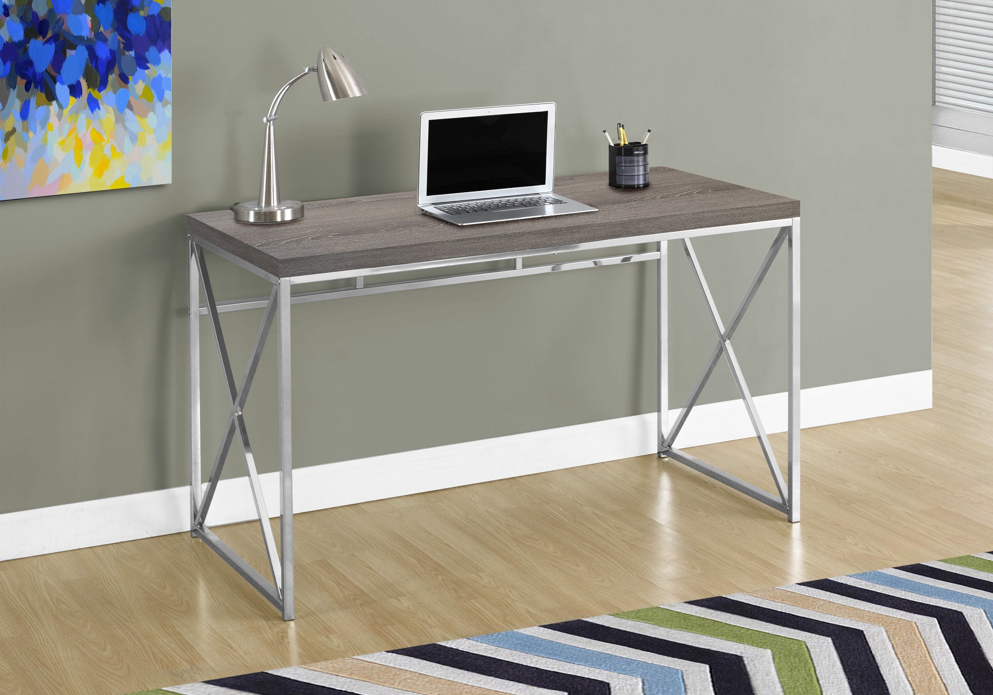Stylish 29.75 inches Dark Taupe Particle Board and Chrome Metal Computer Desk with a sleek design and storage drawer.