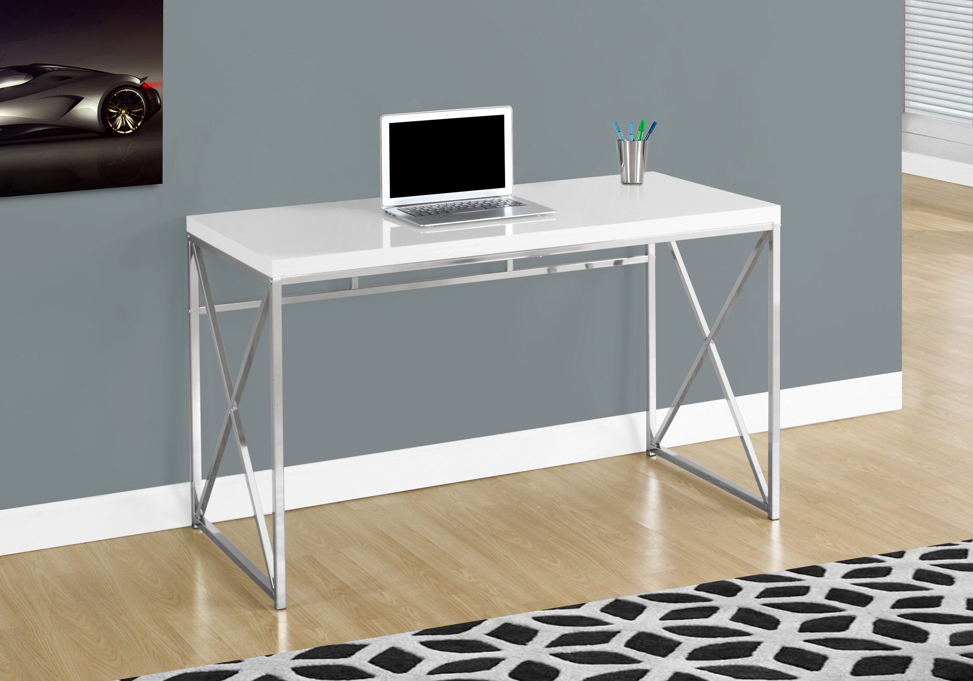 29.75-inch glossy white particle board and chrome metal computer desk showcasing its sleek design and functional features.