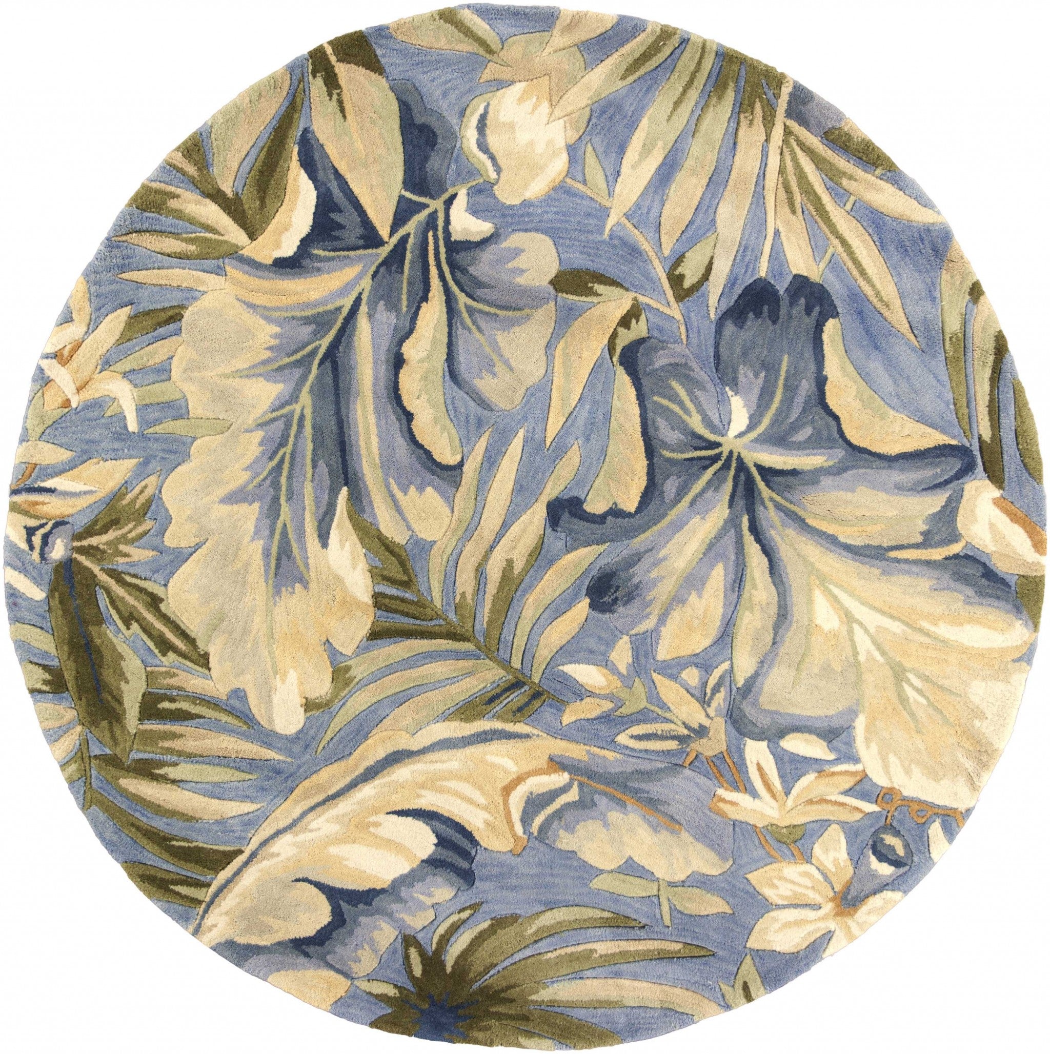 A beautiful blue tropical leaves wool indoor runner rug, hand-tufted with a vibrant design, perfect for enhancing home decor.