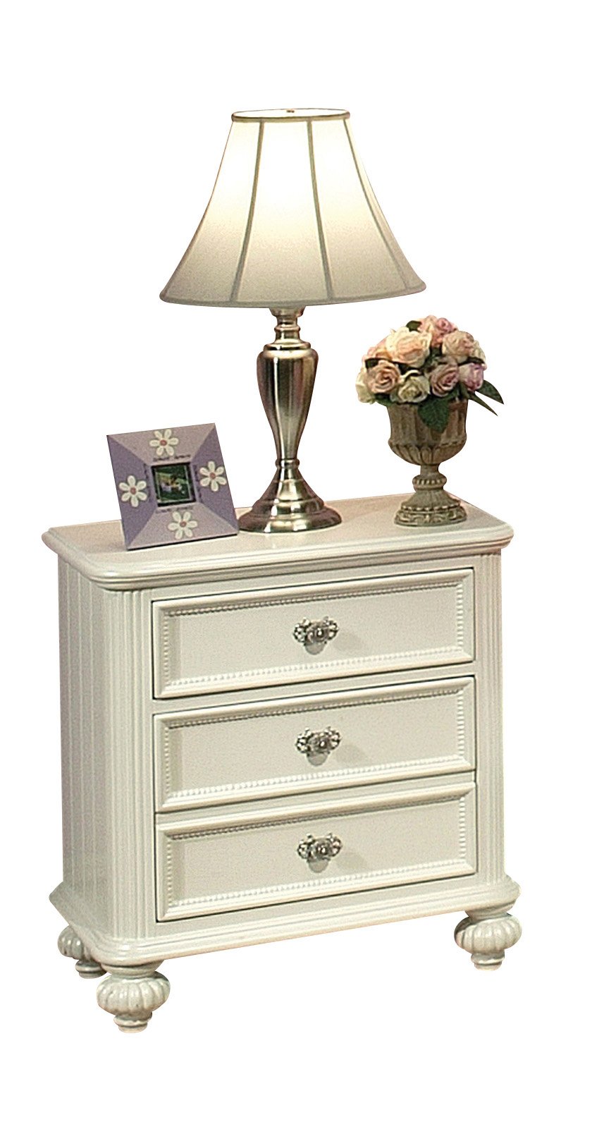 Elegant white pine wood nightstand with three drawers and pumpkin legs, perfect for bedroom decor.