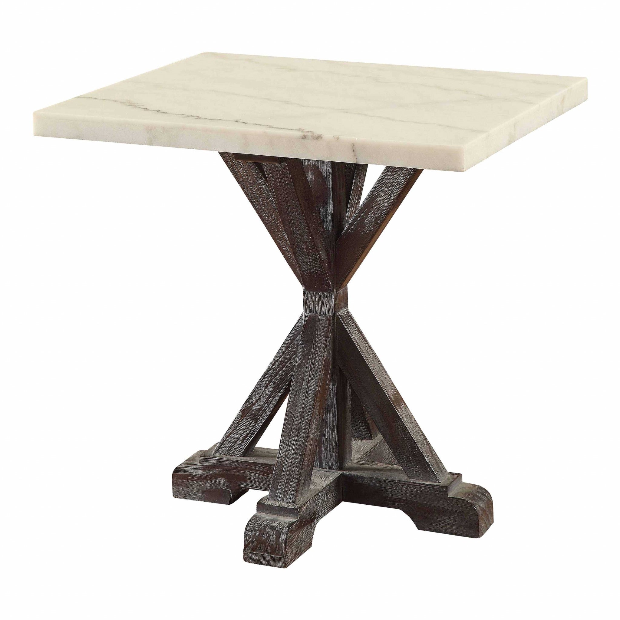 Elegant 22x24x23 inches white marble end table with weathered espresso wood base, perfect for modern living spaces.