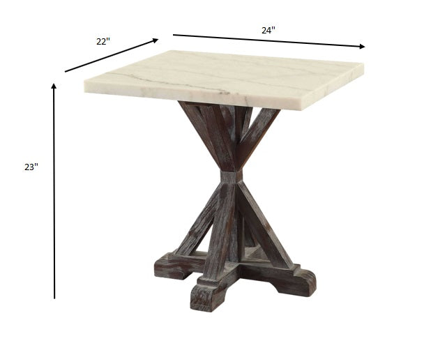Elegant 22x24x23 inches white marble end table with weathered espresso wood base, perfect for modern living spaces.