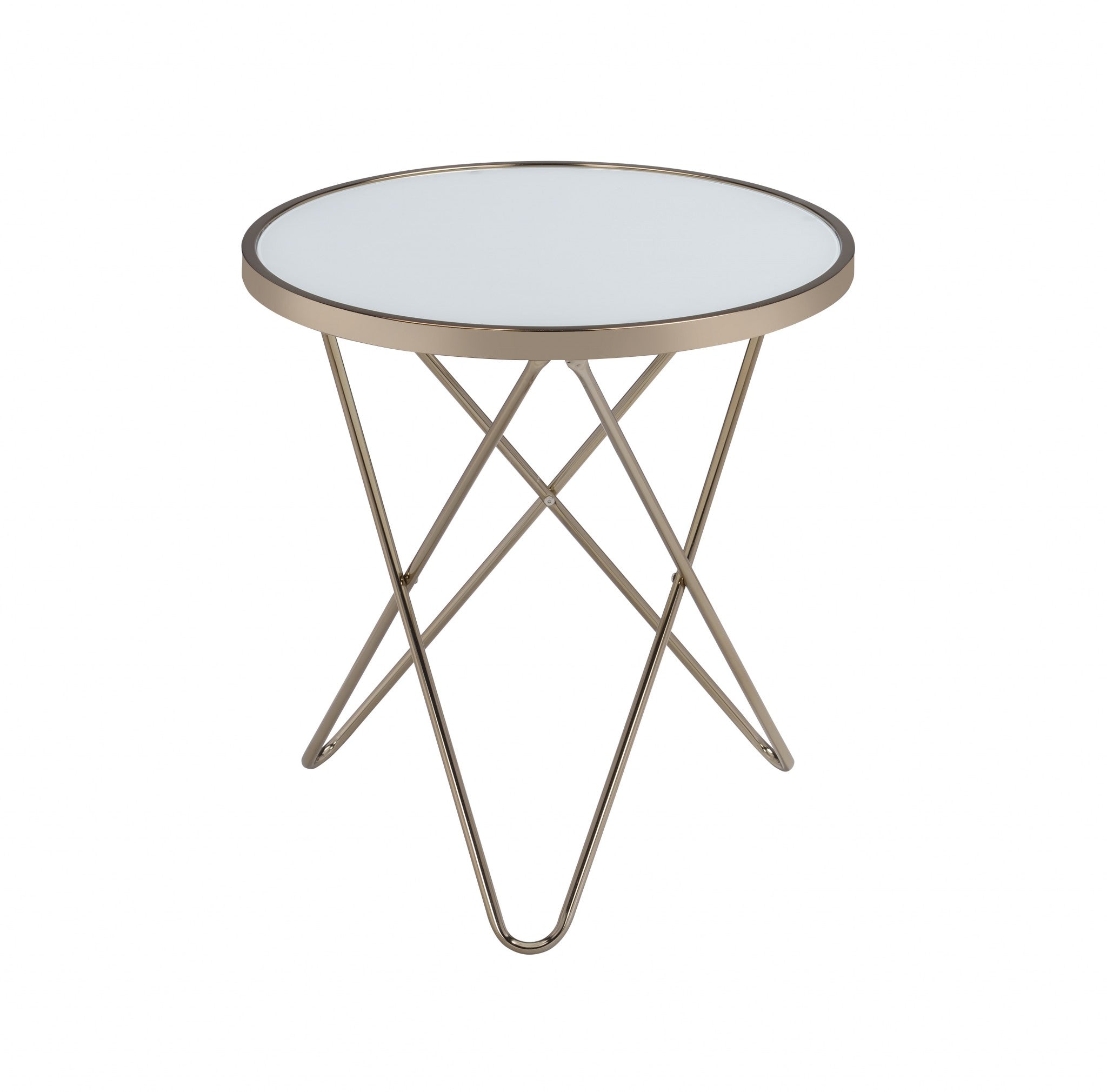 A stylish 22x22 frosted glass end table with champagne metal trim and a V-shape base, perfect for modern living rooms.