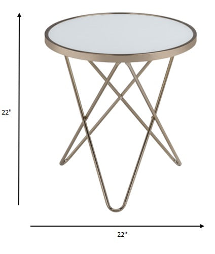 A stylish 22x22 frosted glass end table with champagne metal trim and a V-shape base, perfect for modern living rooms.