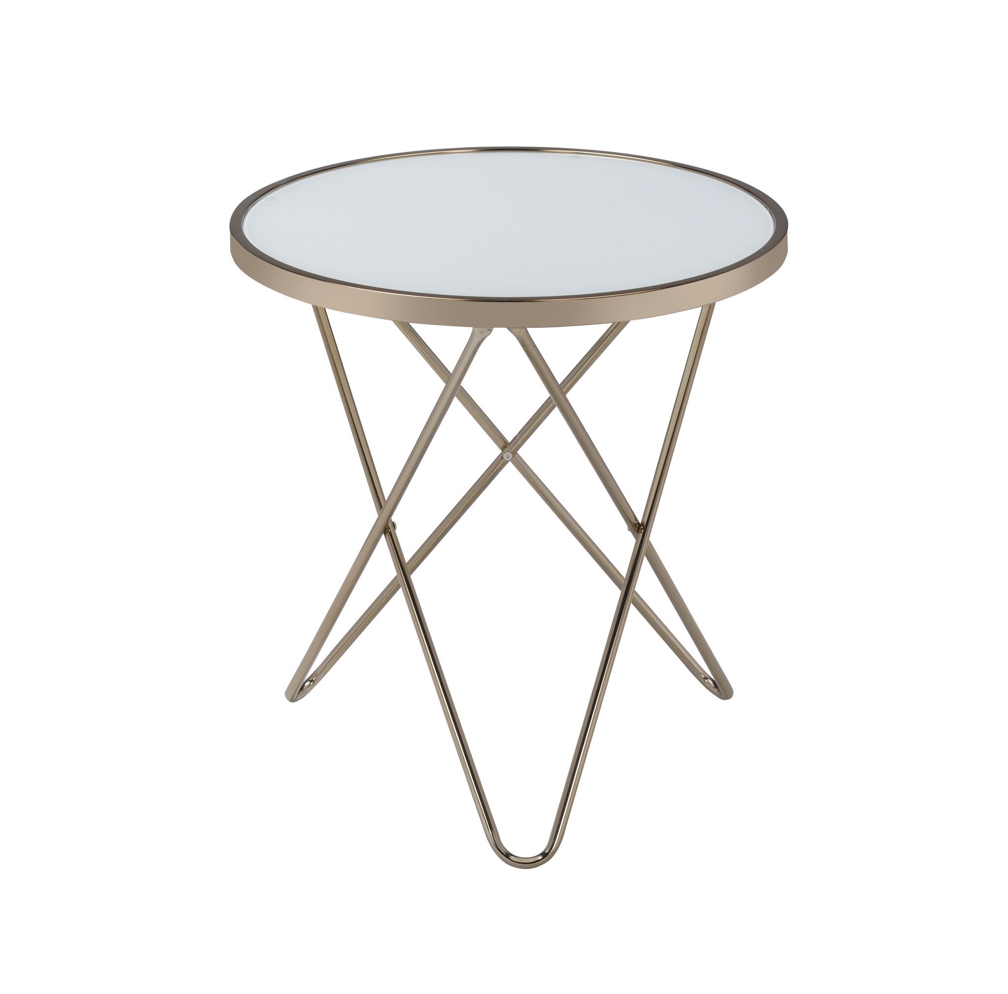 A stylish 22x22 frosted glass end table with champagne metal trim and a V-shape base, perfect for modern living rooms.