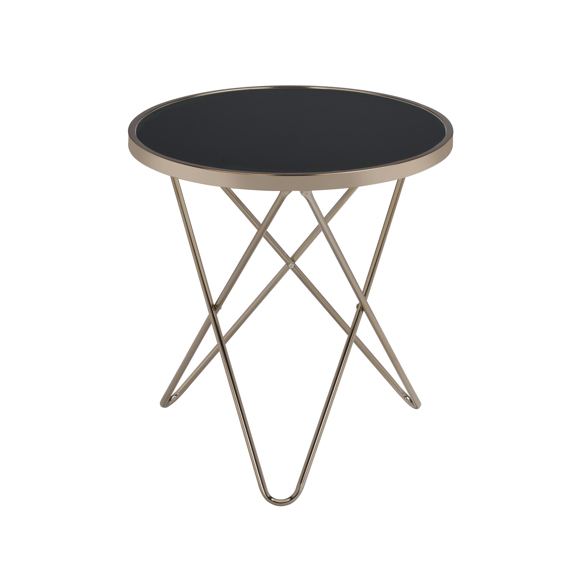 A stylish 22x22 frosted glass end table with champagne metal trim and a V-shape base, perfect for modern living rooms.