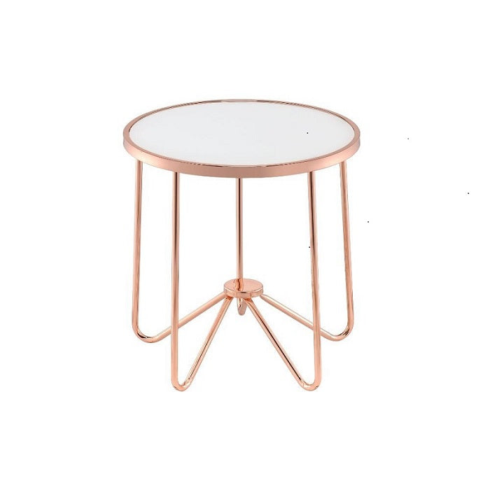 22x22x22 frosted glass end table with rose gold metal base, showcasing a modern mid-century design.