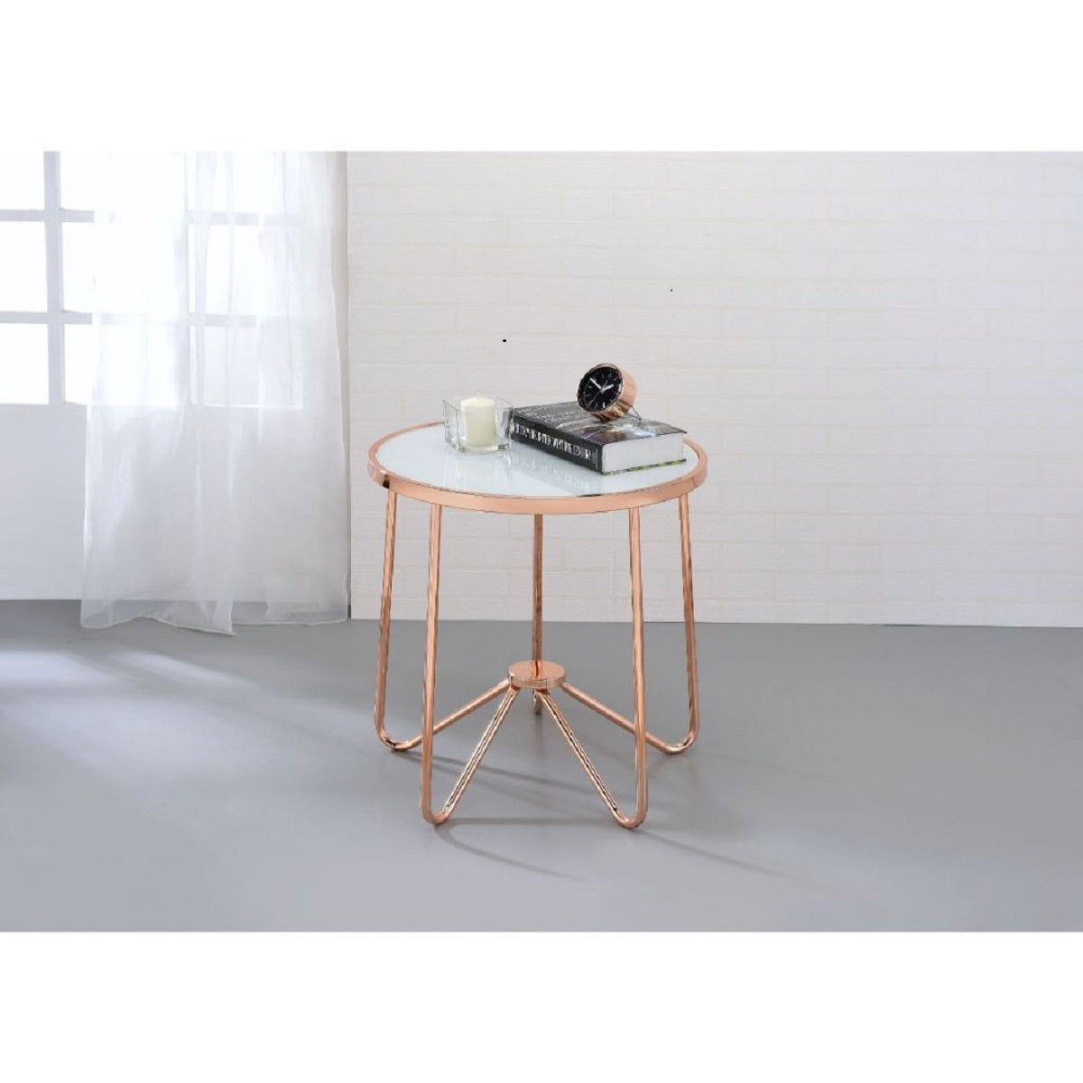 22x22x22 frosted glass end table with rose gold metal base, showcasing a modern mid-century design.