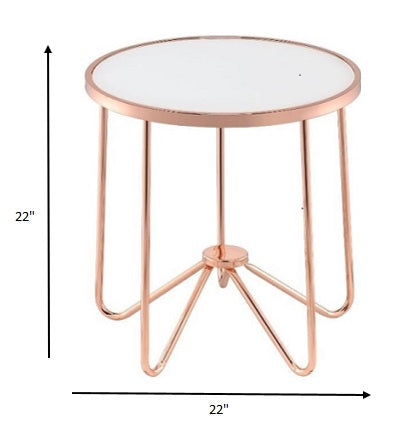 22x22x22 frosted glass end table with rose gold metal base, showcasing a modern mid-century design.