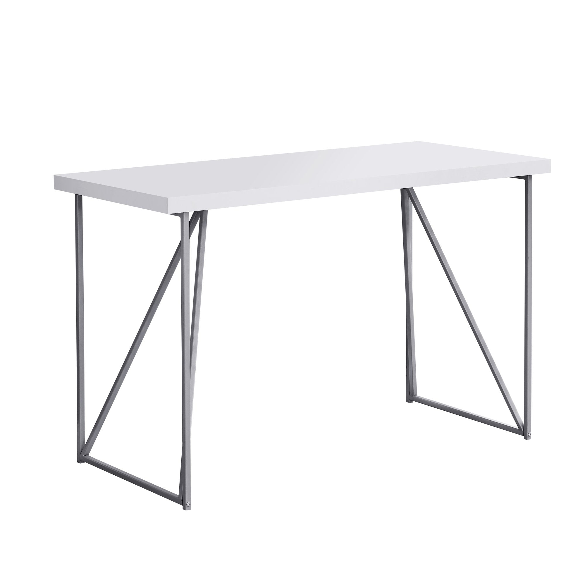 22 inches x 47.25 inches x 30 inches white silver metal hollow core computer desk with a glossy finish, showcasing its elegant design and spacious surface.