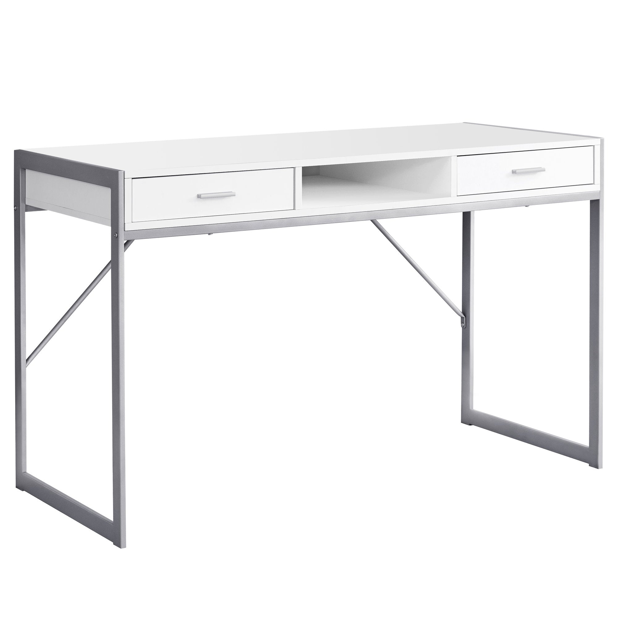 A stylish white and silver metal computer desk measuring 22x48 inches, featuring a glossy finish and contemporary design, perfect for office use.