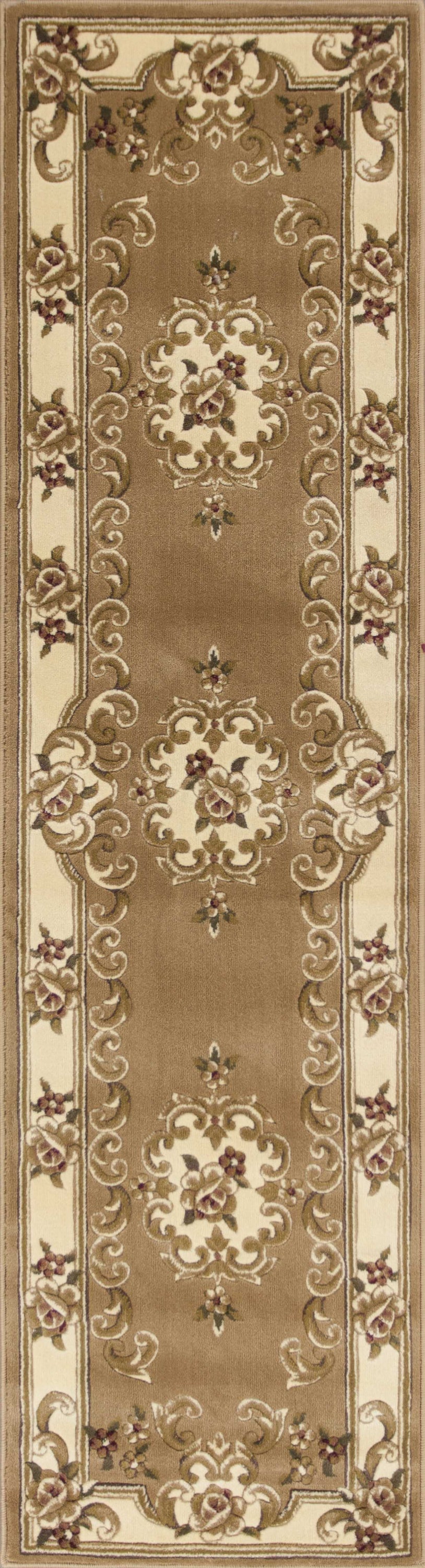 A beautiful beige and ivory medallion runner rug, showcasing intricate patterns and a soft texture, perfect for enhancing home decor.