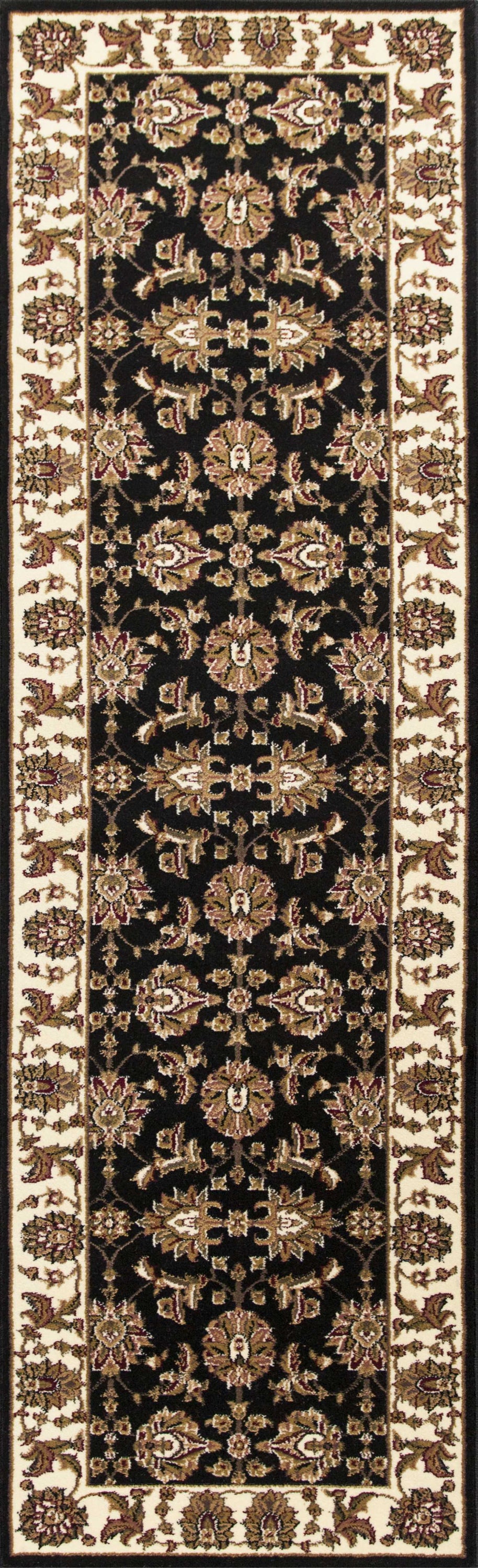 A beautiful 2x8 inches traditional bordered rug in black and ivory, showcasing intricate patterns and high-quality polypropylene material.