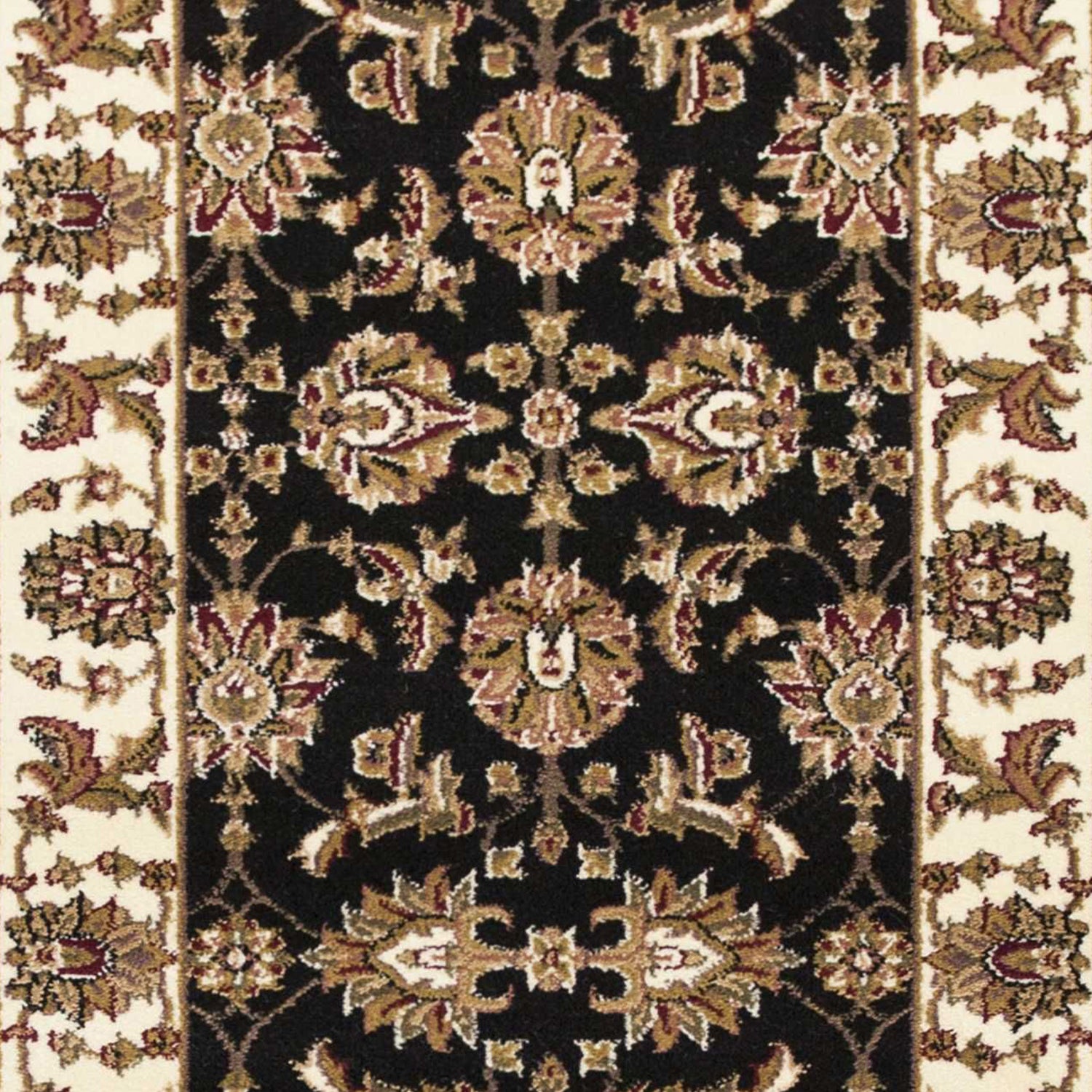 A beautiful 2x8 inches traditional bordered rug in black and ivory, showcasing intricate patterns and high-quality polypropylene material.