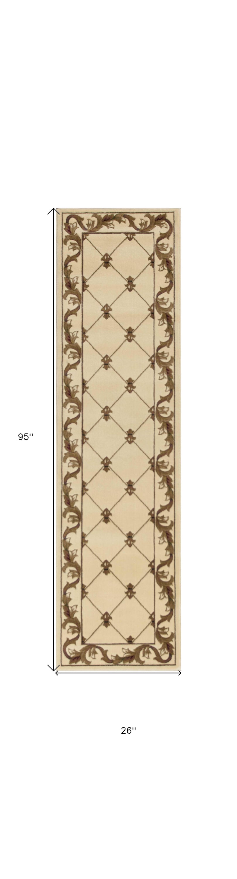 Ivory Fleur de Lis Runner Rug, 2 inches by 8 inches, showcasing intricate design and soft texture, perfect for enhancing home decor.