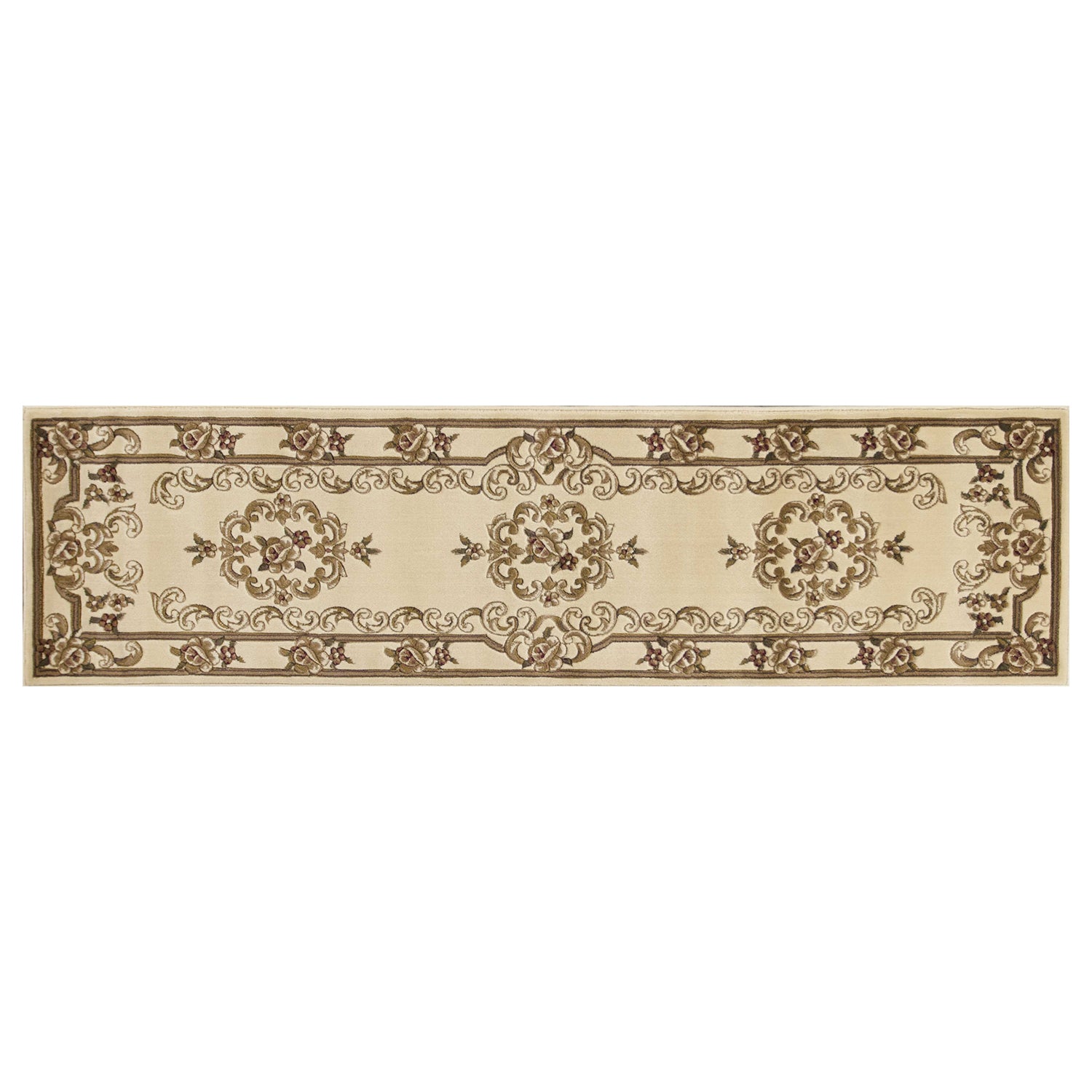 Ivory medallion runner rug measuring 2 inches by 8 inches, featuring intricate hand-carved details and a durable polypropylene material.