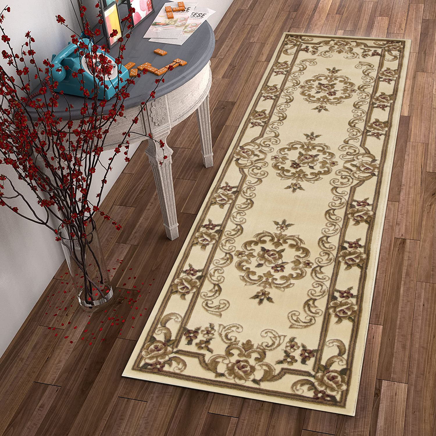 Ivory medallion runner rug measuring 2 inches by 8 inches, featuring intricate hand-carved details and a durable polypropylene material.