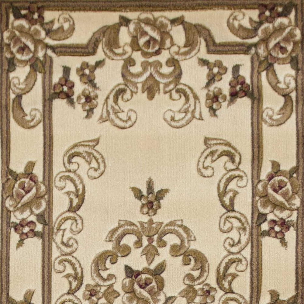 Ivory medallion runner rug measuring 2 inches by 8 inches, featuring intricate hand-carved details and a durable polypropylene material.