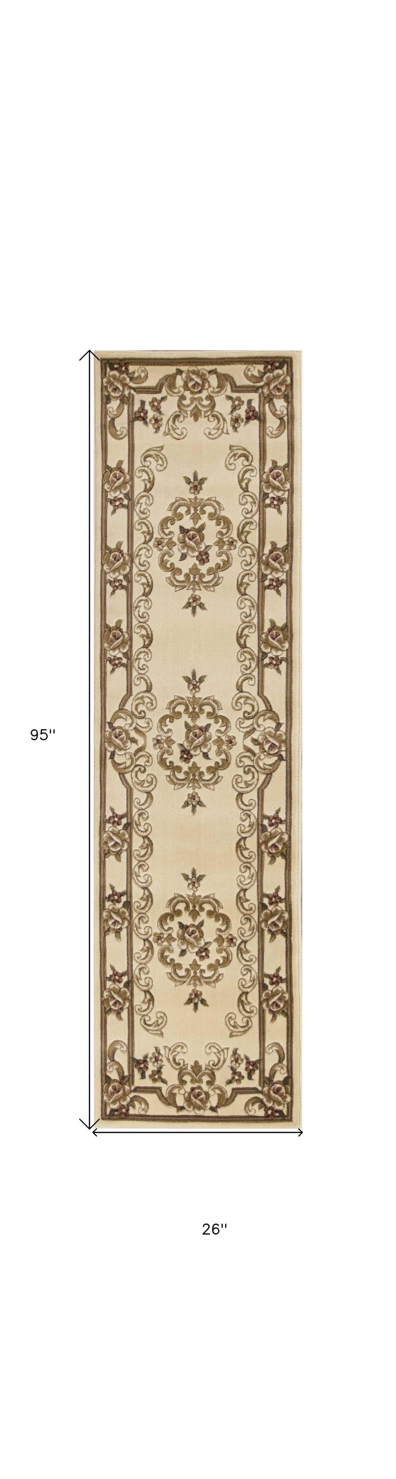 Ivory medallion runner rug measuring 2 inches by 8 inches, featuring intricate hand-carved details and a durable polypropylene material.