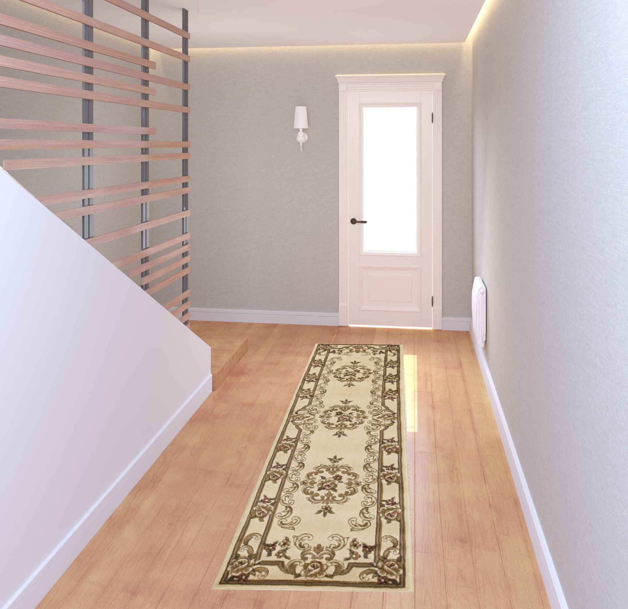 Ivory medallion runner rug measuring 2 inches by 8 inches, featuring intricate hand-carved details and a durable polypropylene material.