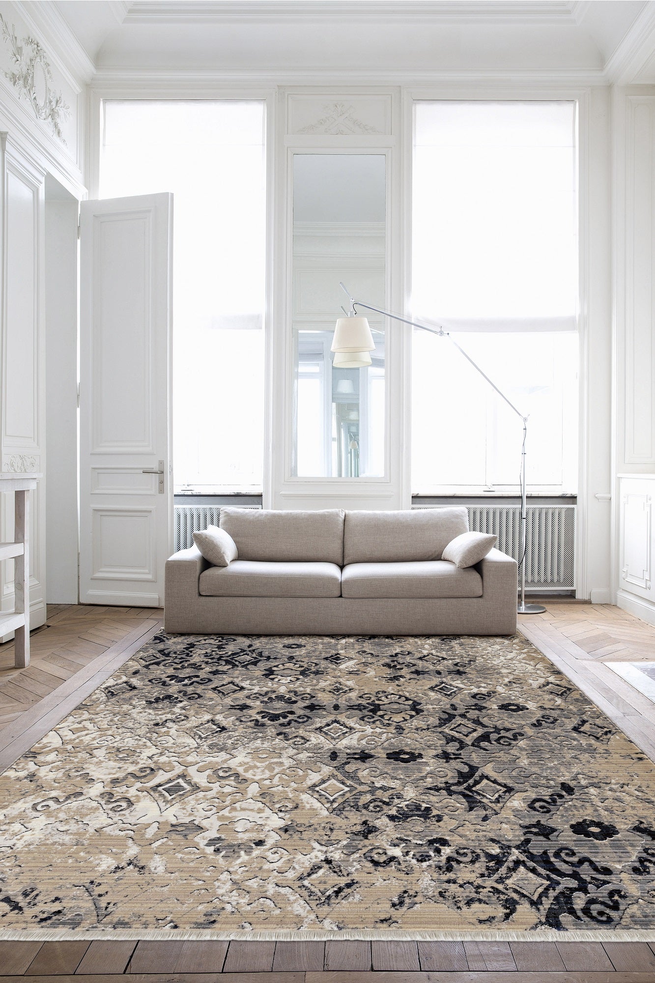 A beautiful 2x8 inches ivory and beige antique pattern runner rug showcasing a distressed vintage design, perfect for enhancing living spaces.