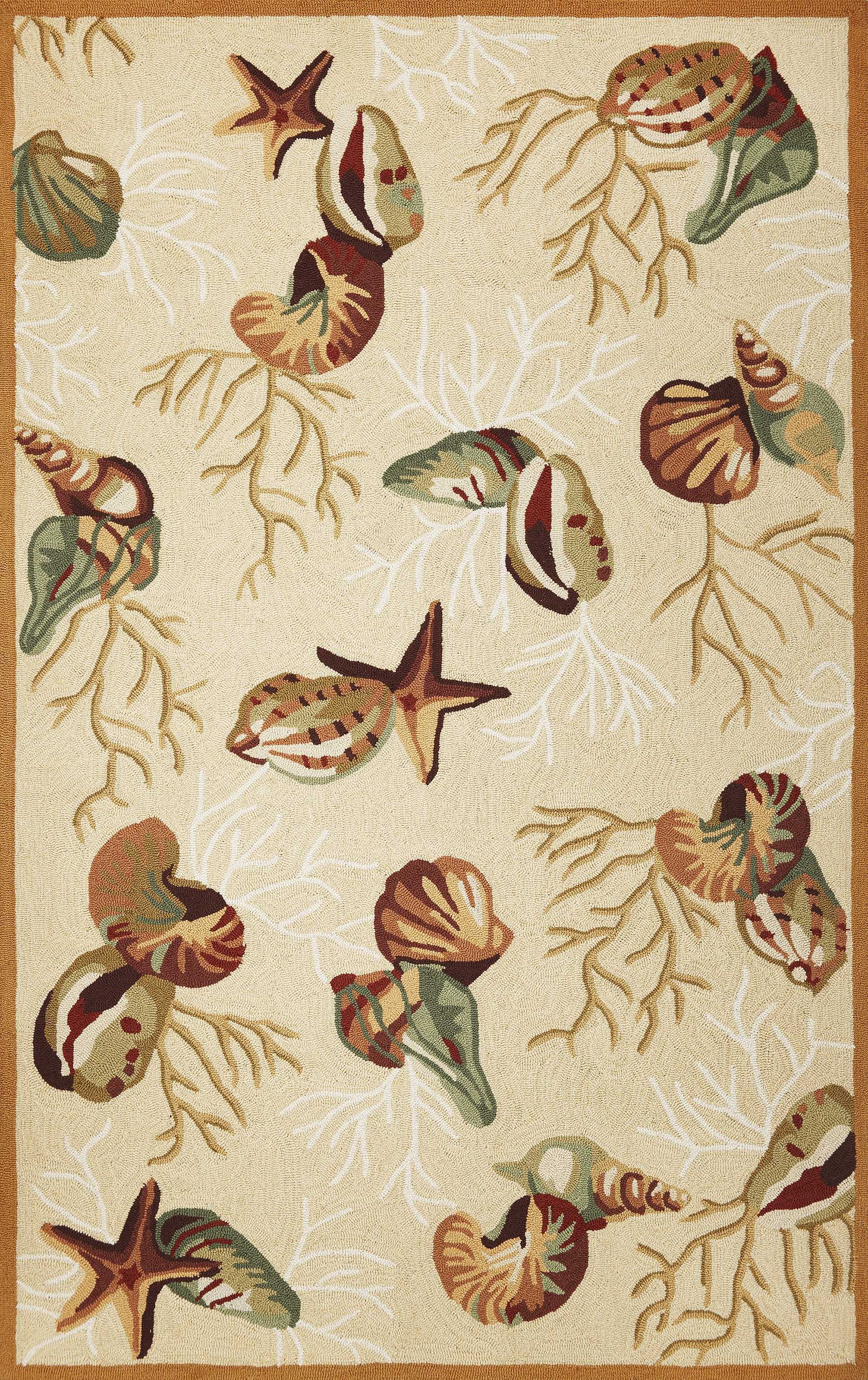 Beige hand hooked indoor accent rug featuring intricate sea shell designs, perfect for enhancing home decor.
