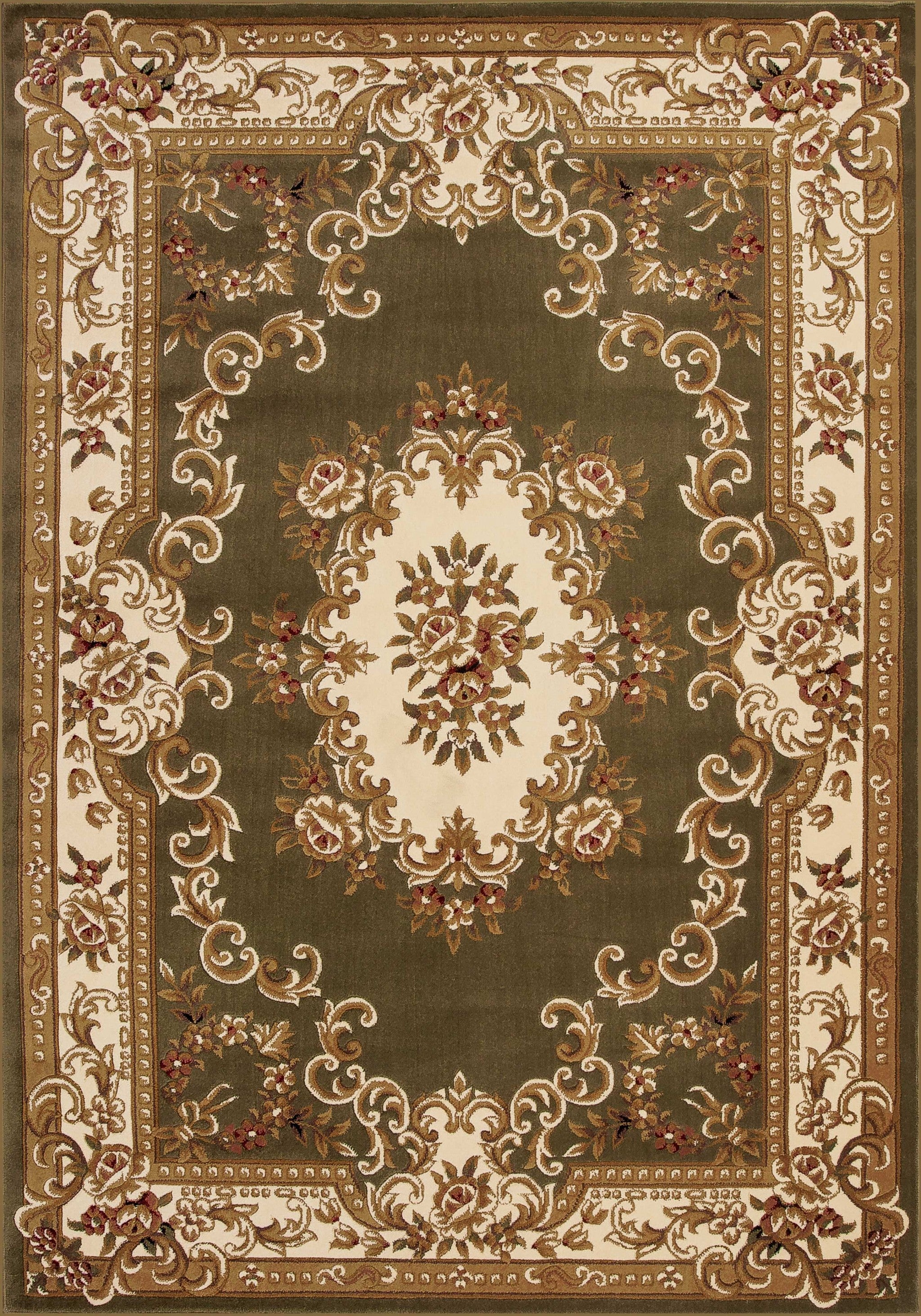 A beautiful green and ivory machine woven rug featuring a hand-carved floral medallion design, perfect for home decor.
