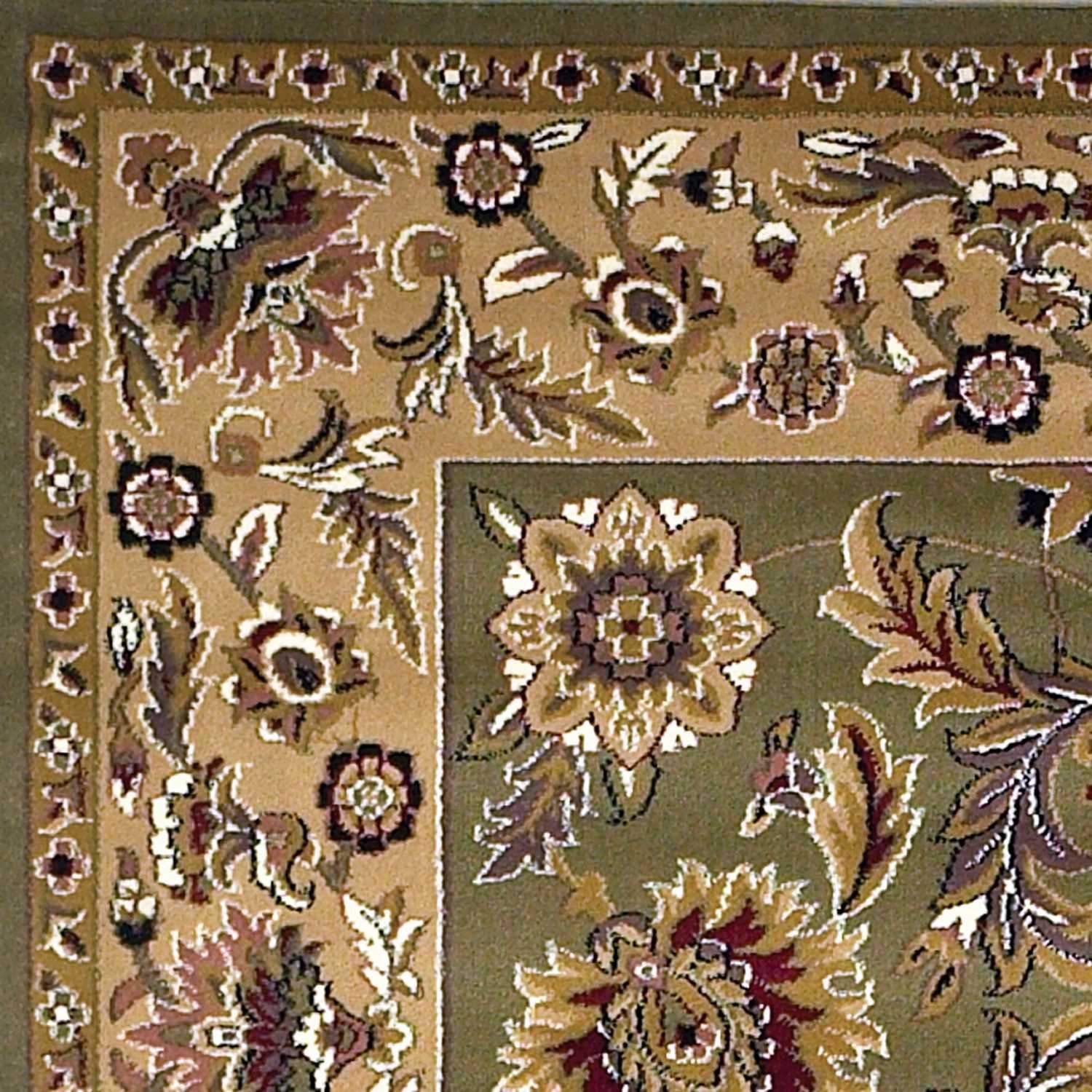 A beautiful green and taupe floral traditional indoor rug, machine woven, measuring 2x3 inches, perfect for enhancing home decor.