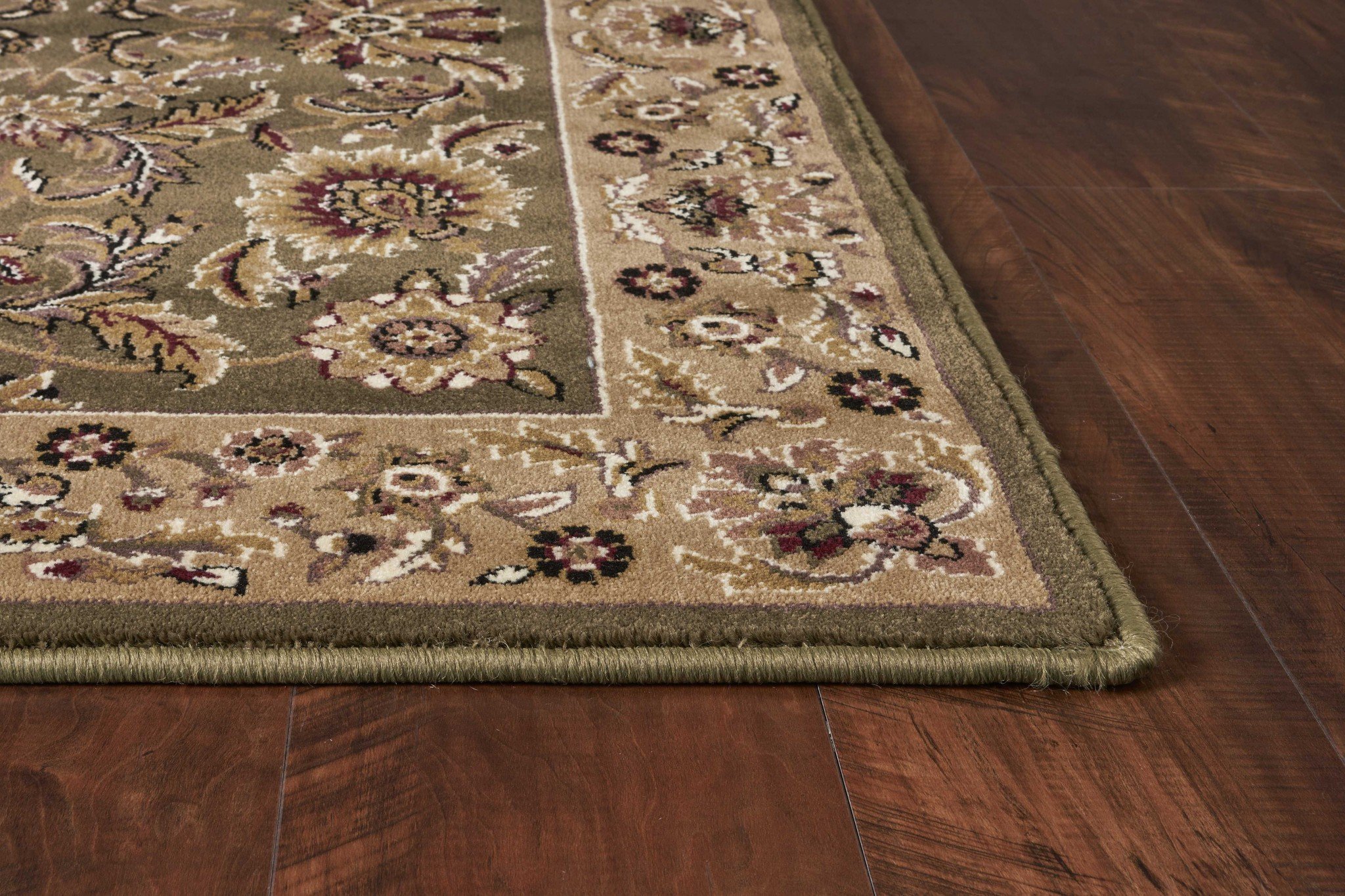 A beautiful green and taupe floral traditional indoor rug, machine woven, measuring 2x3 inches, perfect for enhancing home decor.