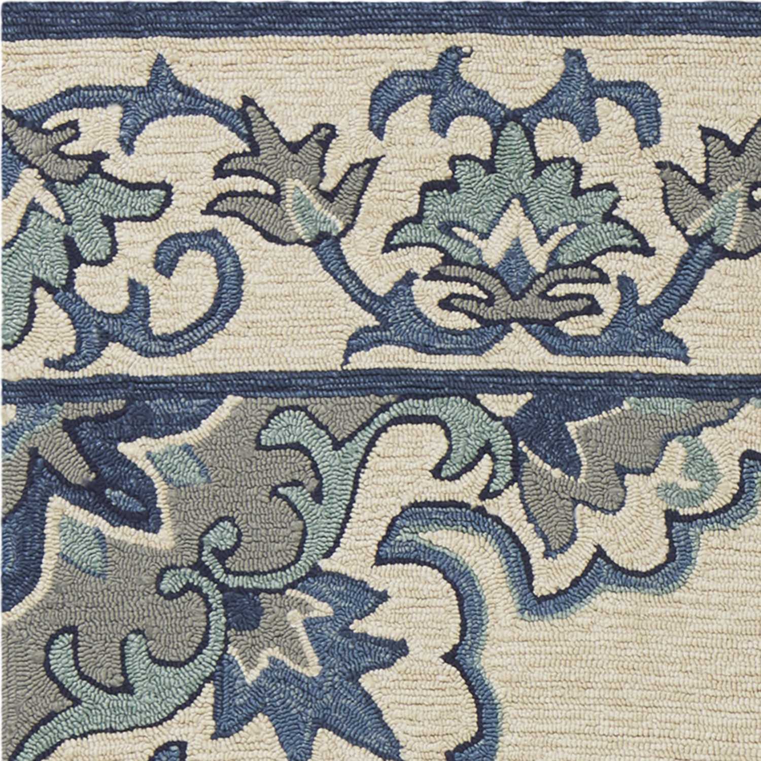 Ivory blue hand hooked floral medallion rug, perfect for indoor and outdoor use, showcasing intricate design and vibrant colors.