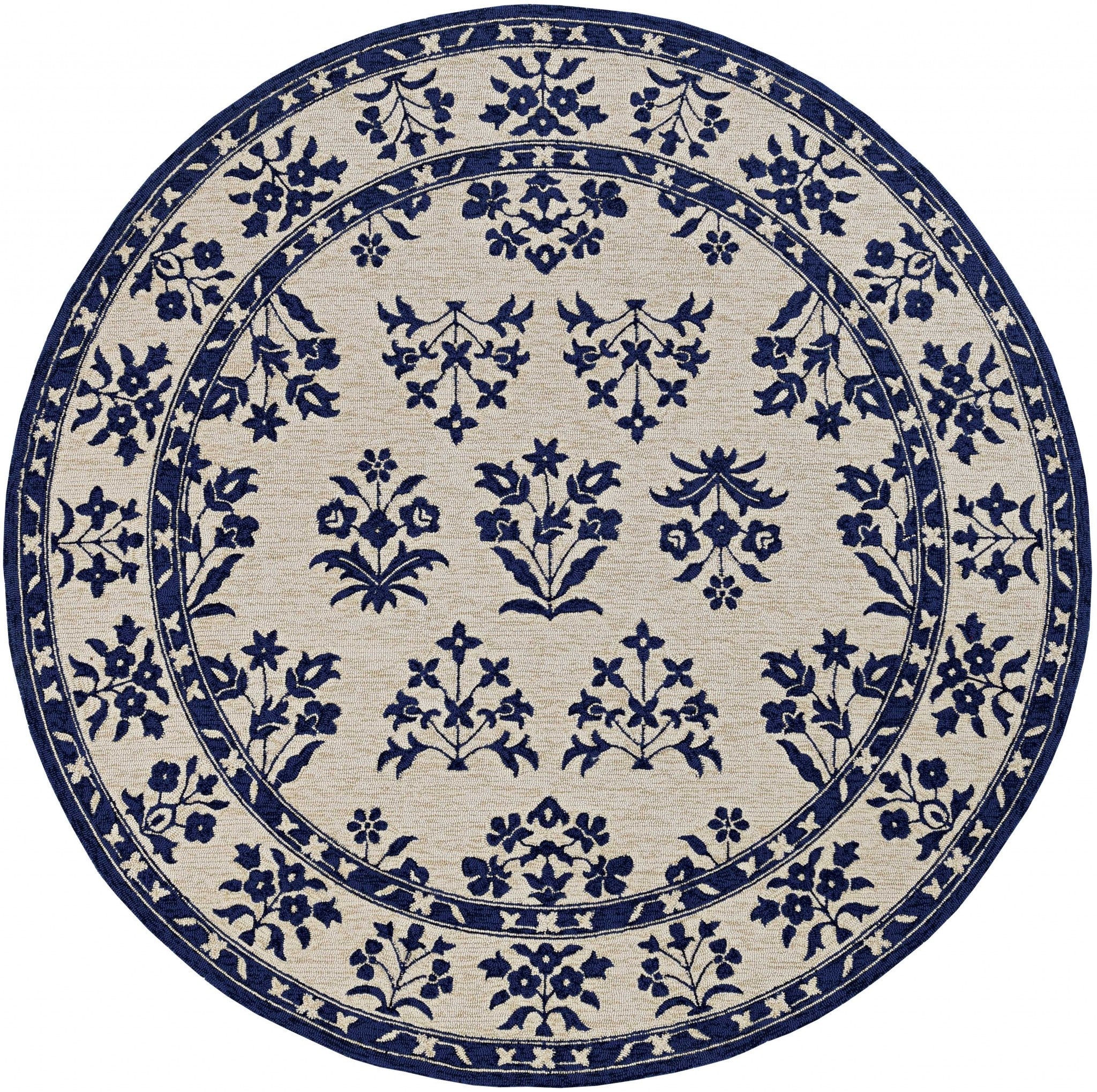 A 2x3 sand blue hand hooked floral rug, showcasing intricate designs suitable for indoor and outdoor use.