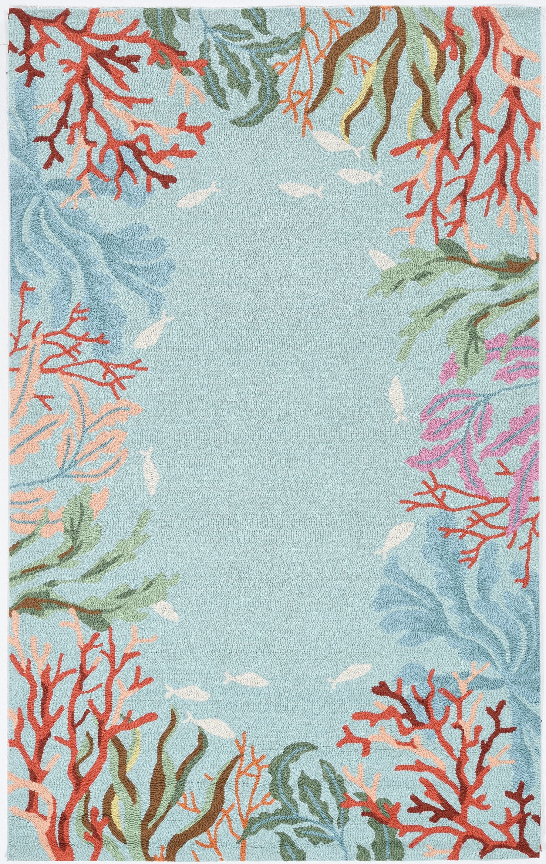 A vibrant blue hand-hooked indoor accent rug featuring a coral reef design, perfect for enhancing home decor.