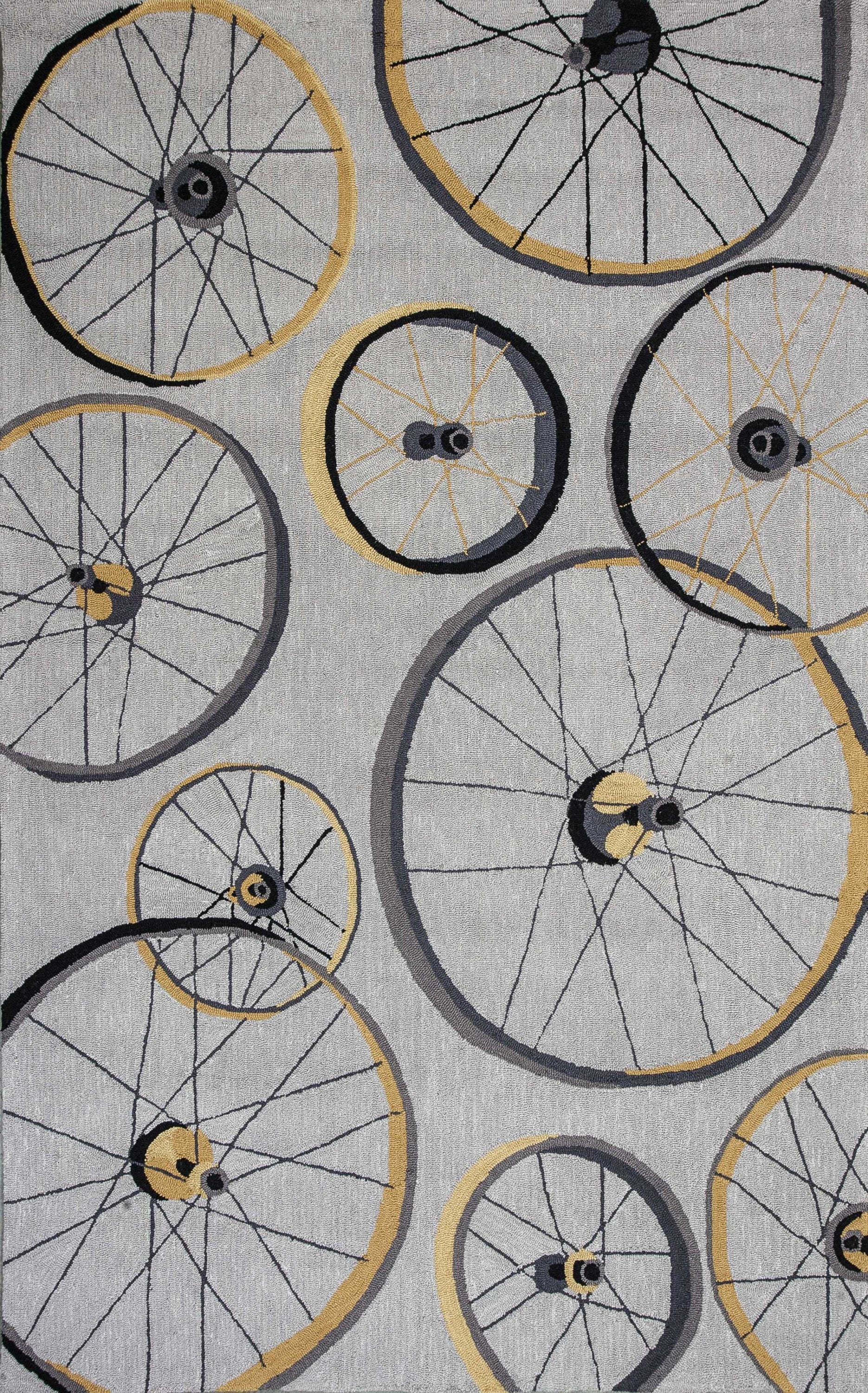 A stylish 2x4 grey hand hooked wheels indoor accent rug featuring a modern wheel design, perfect for enhancing home decor.
