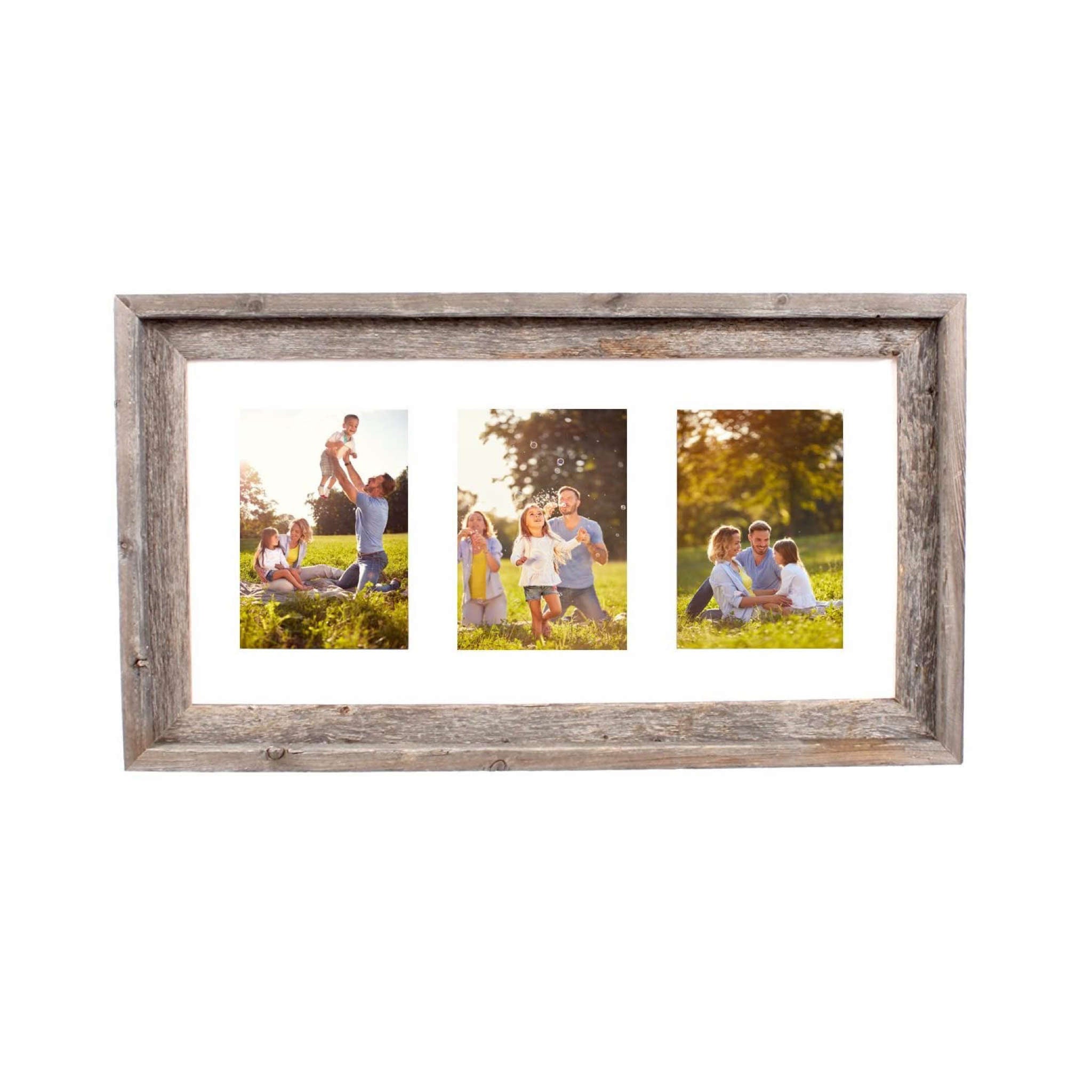 A rustic white picture frame made from reclaimed wood, holding a 5x7 photo, with a clear plexiglass cover, showcasing a farmhouse style.